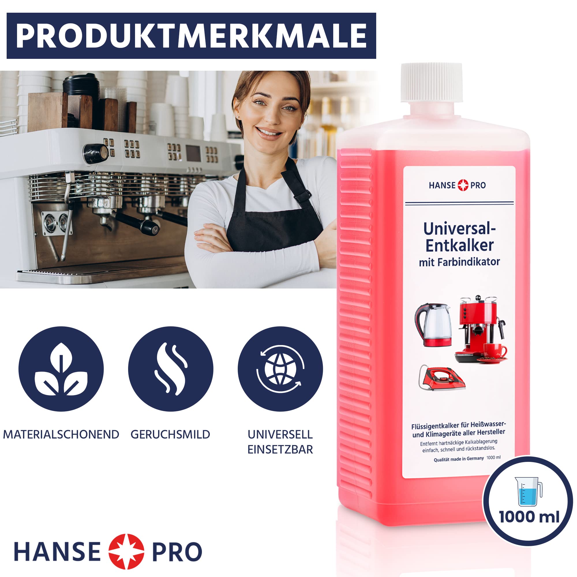 HANSE PRO Universal-Entkalker mit Farbindikator, 4 x 1000 ml I Flüssig-Entkalker I Kalklöser I universell einsetzbar I für Kaffeevollautomat, Kaffee-Maschine usw.
