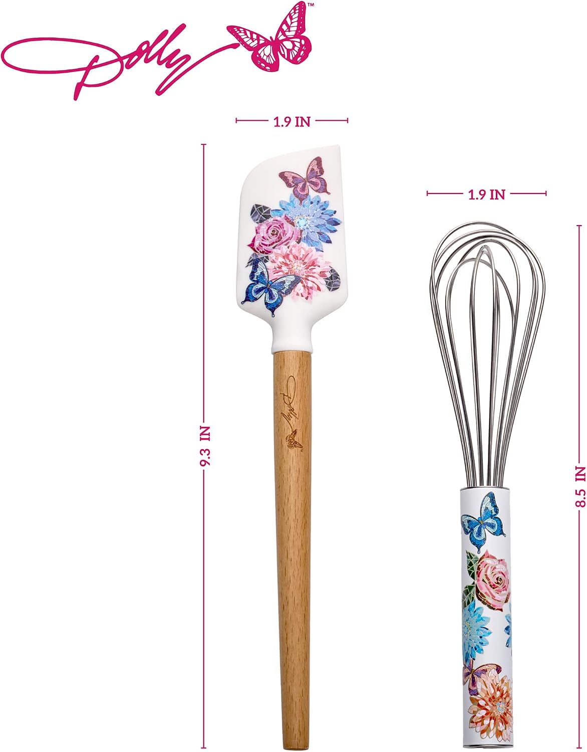Dolly Parton Spatula and Whisk Set - Rose Kitchen Utensils with Floral and Butterfly Pattern Design - Heat Resistant Silicone Cooking Tools - 2 Piece Baking Essentials Set image 2