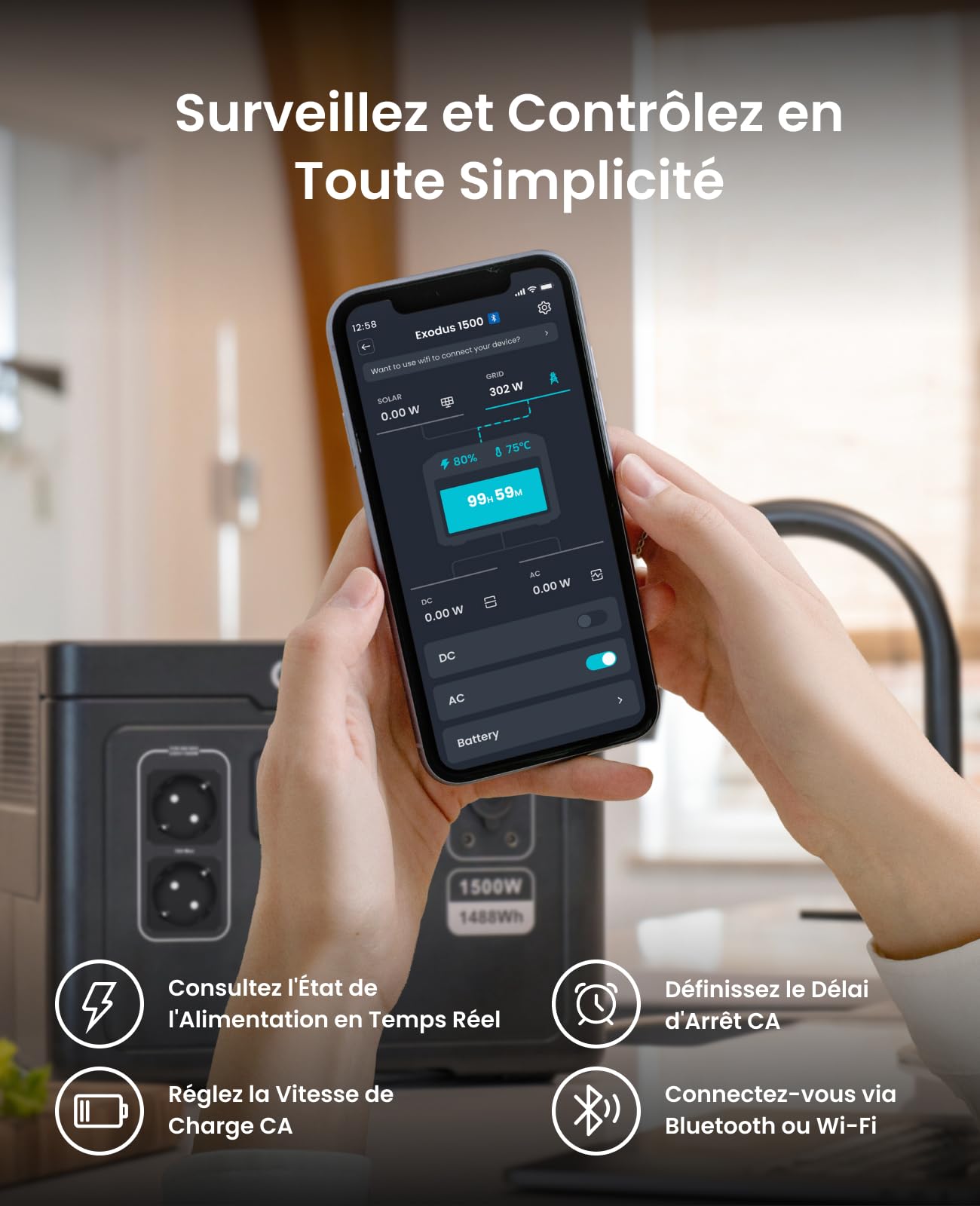 OUPES Exodus 1500 Générateur Electrique Portable, 1488Wh Batterie Nomade avec 2 Prises AC 1500W (Boost 1700W, Pic 3600W), Charge Rapide, UPS, Alimentation Secours pour Camping, Camping-car et Maison