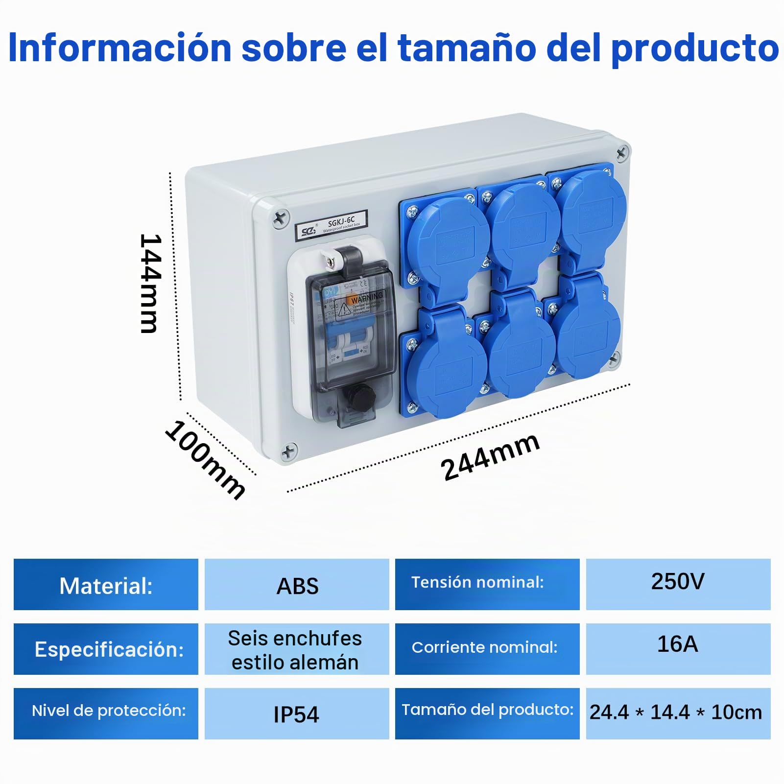 Distribuidor de corriente 16A Distribuidor de energía Distribuidor de pared con interruptor diferencial 1P+N de 63A con 6 tomas (distribuidor 2 polos de 250V) IP54 Estanco
