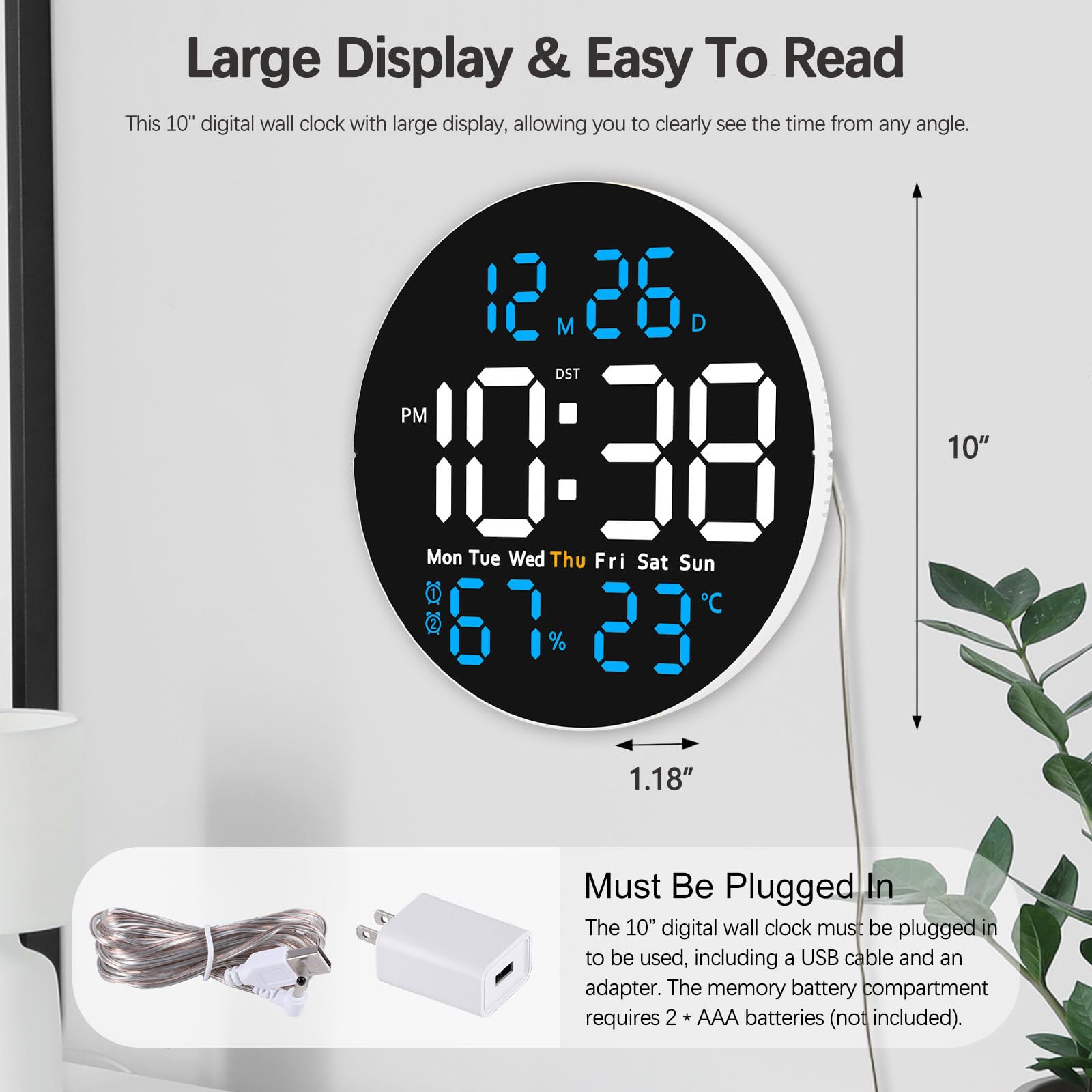 JoFomp Grande horloge murale numérique de 25,4 cm avec télécommande, écran LED, réveil numérique enfichable, luminosité automatique, DST, température, humidité, applicable à la salle de classe