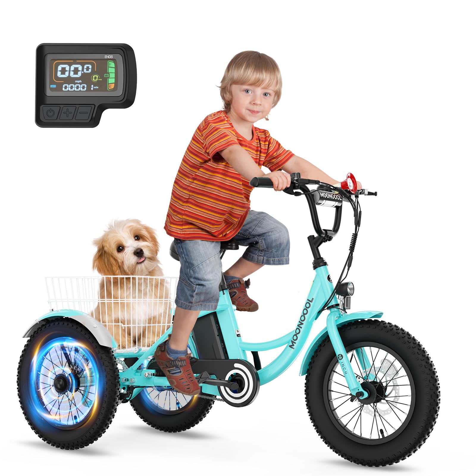 DoCred 16 Inch Electric Trike for Youth, 250W 24V Fat Tire Electric Tricycle, Three Wheels Electric Cruiser Bicycle, Aluminum Frame Motored Bike with Adjustable Seat and Basket, Cyan