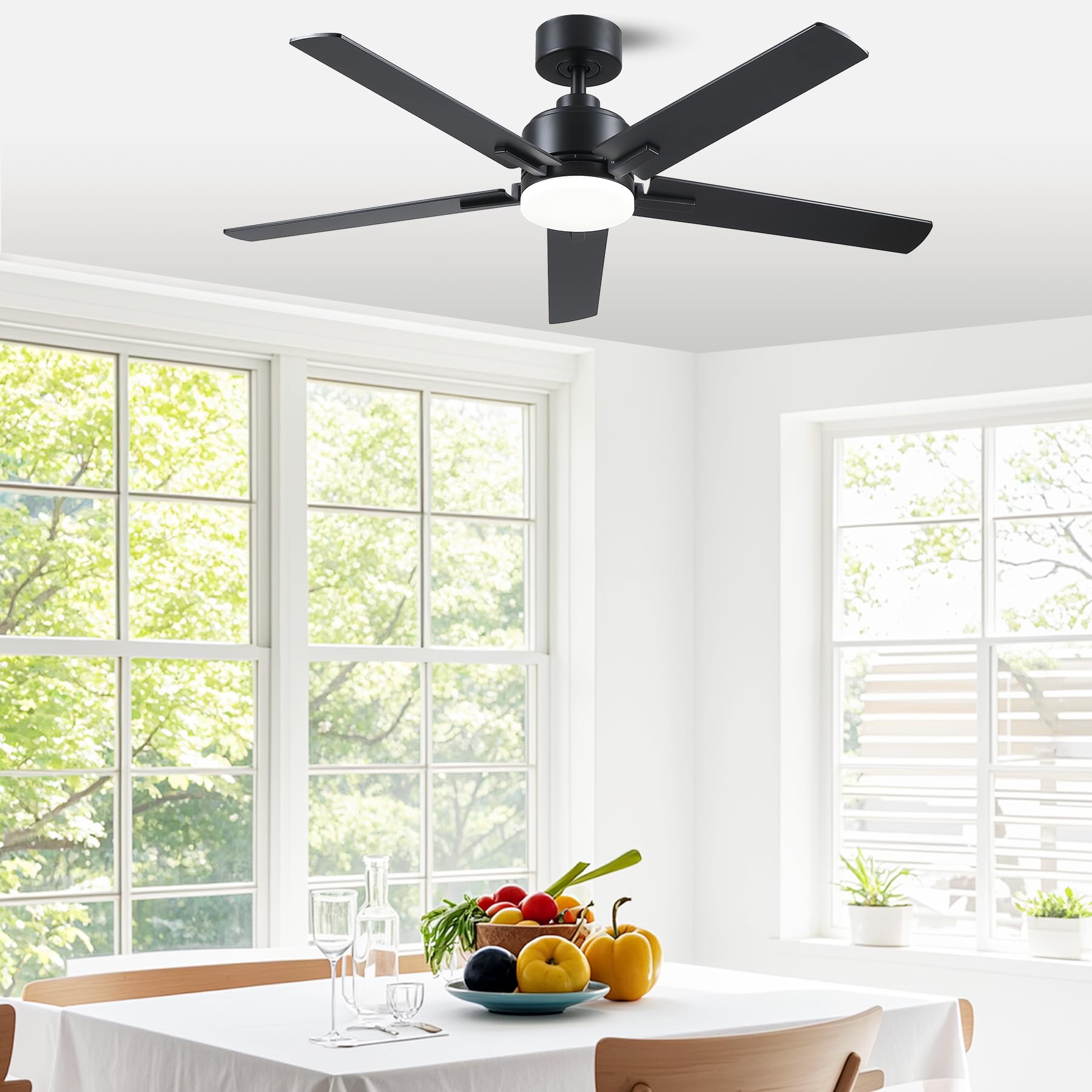 Deckenventilator mit Beleuchtung 132cm, Fernbedienung und APP, 5 Flügel, Leise DC Motor, Timer, Schwarz