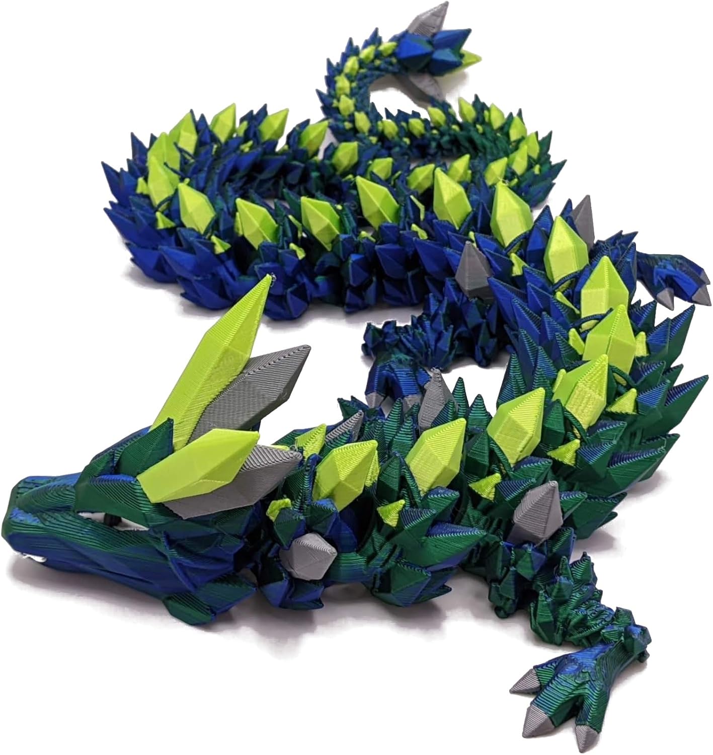 3D MENAGERIE 3D Printed Articulated Multicolor Crystal Dragon Toy (18", Blue-Green/Shiny Green/Silver)