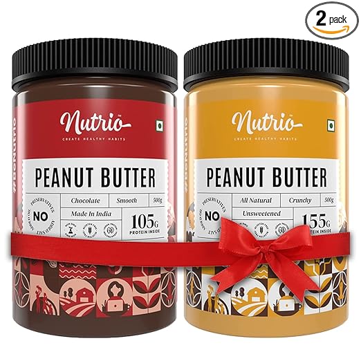 Nutrio 100% Natural Crunchy + Chocolate Creamy Peanut Butter 1Kg | Combo Pack (500gm of each) | No Added Oils & Salt, Zero Cholesterol, Rich in Antioxidant | Vegan (Pack of 2) | Combo Super Saver Pack