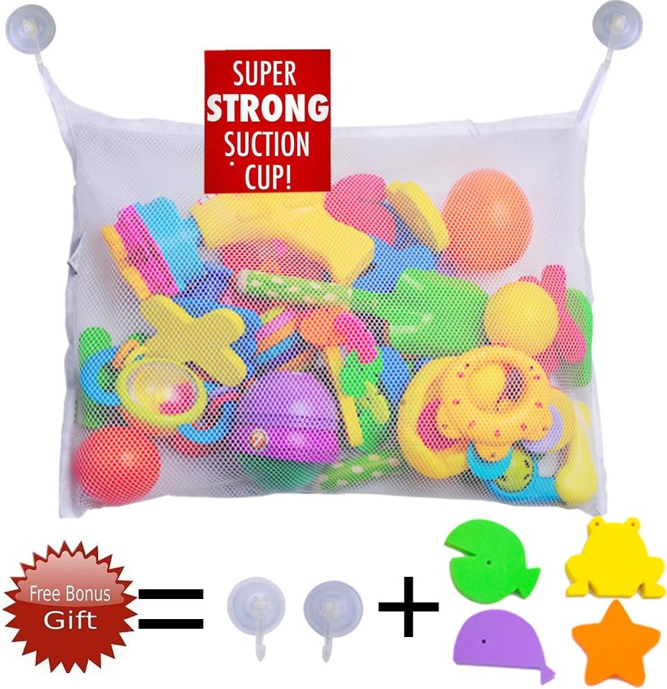 AsmallFish Baby Bath Toy Organizer with Durable Large Mesh Storage Bag + 2 Extra Strong Suction Cups + 4 Bath Toys For Toddlers。 White .
