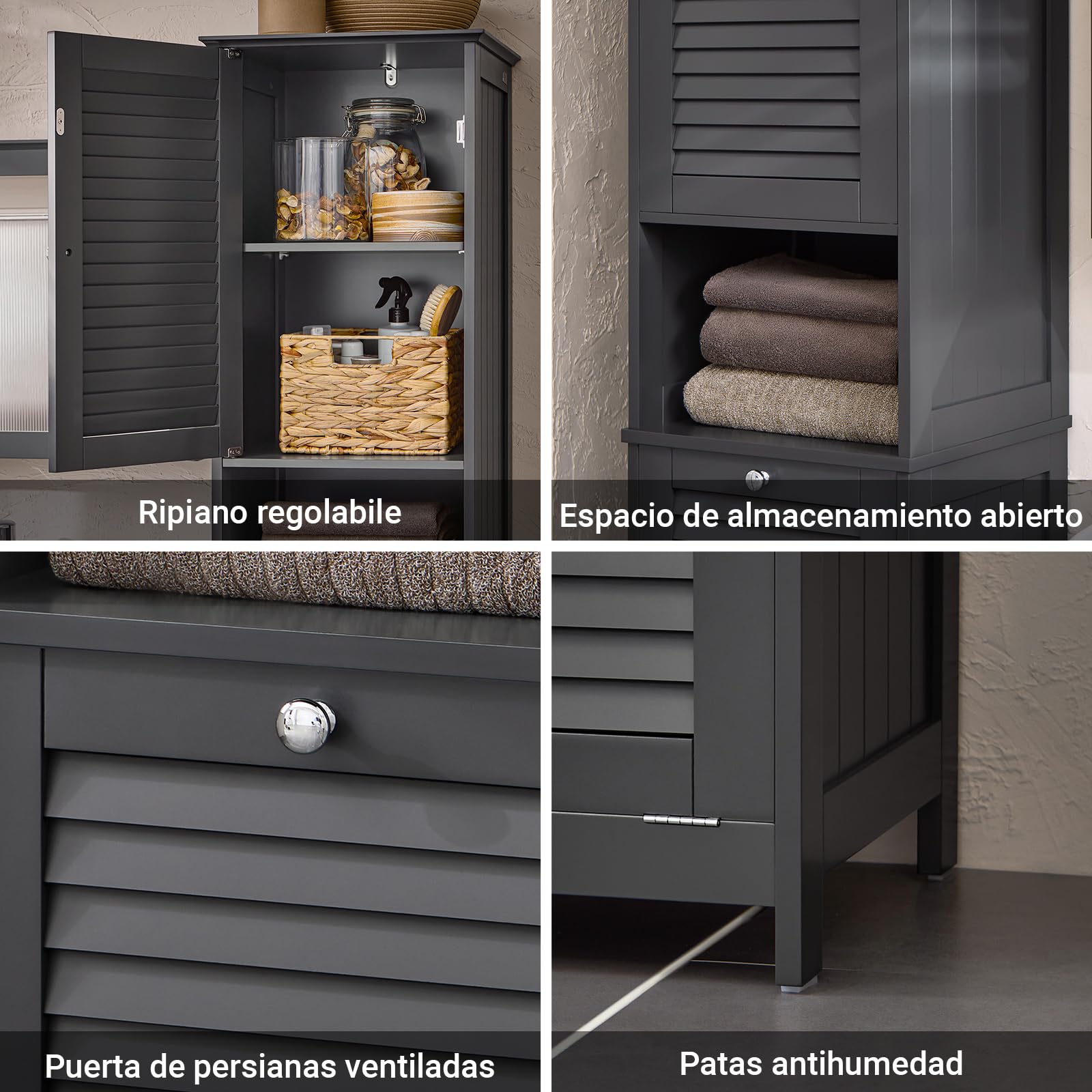 SoBuy Mueble Baño Estrecho con Cesto para Ropa Sucia 40x170x38 cm | Mueble Ropa Sucia, Armario Baño Columna Auxiliar de Baño con Estantería, Mueble Almacenaje,Gris Oscuro BZR124-DG