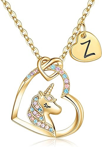 Hidepoo - Collar de unicornio para niñas, regalo para hija, collar con dije con inicial colorido de circonita con forma de corazón, para