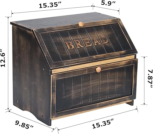 Miniatura 5 de HOMEKOKO Panera grande de doble capa para encimera de cocina, diseño retro de madera de gran capacidad para almacenamiento de pan (negro vintage)