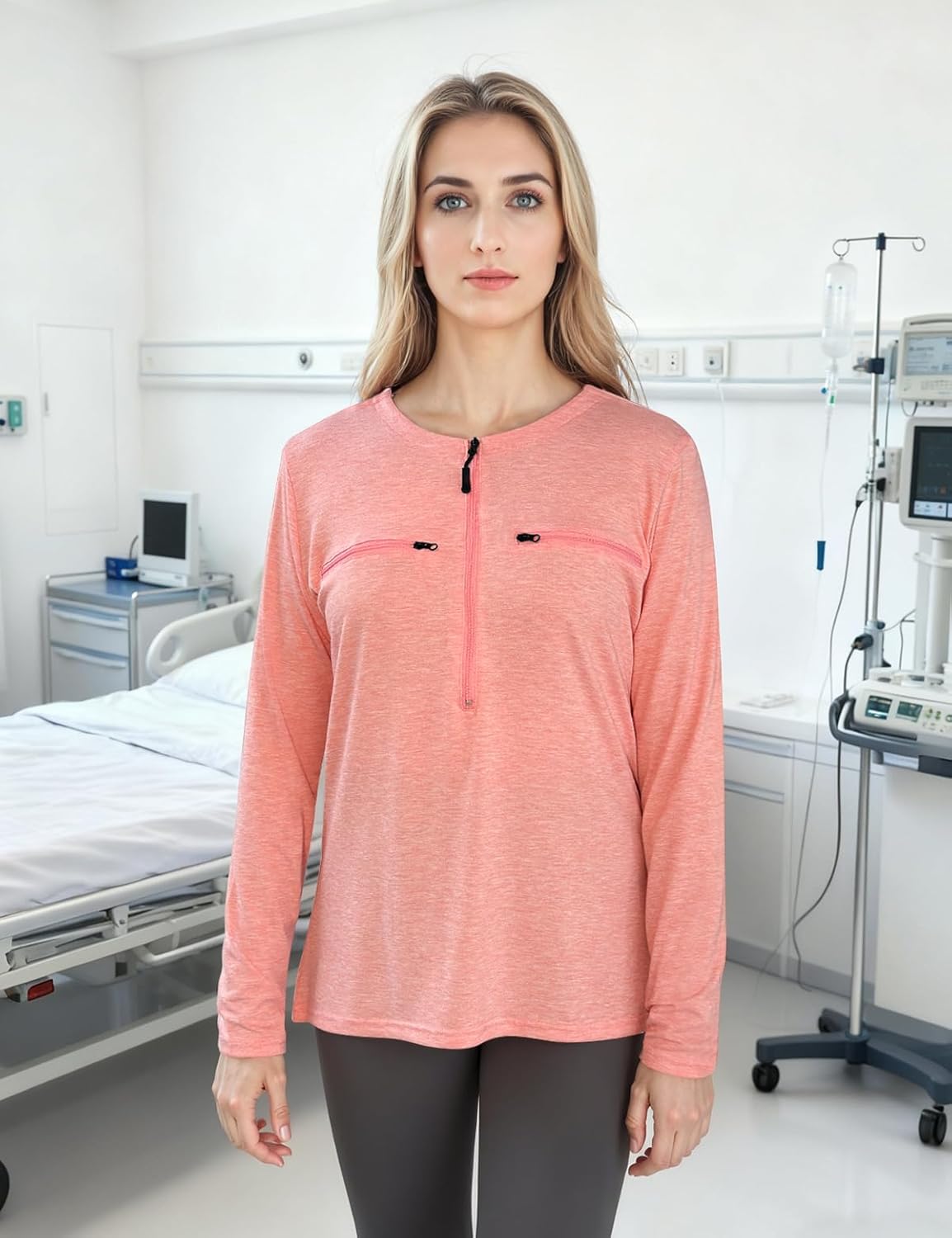 Chemo Port Shirts for Women 2 Side Snaps Long Sleeve Wear Post Surgery Recovery Tee Snap Tear Away Side Zippers Off Shirt - Image 3