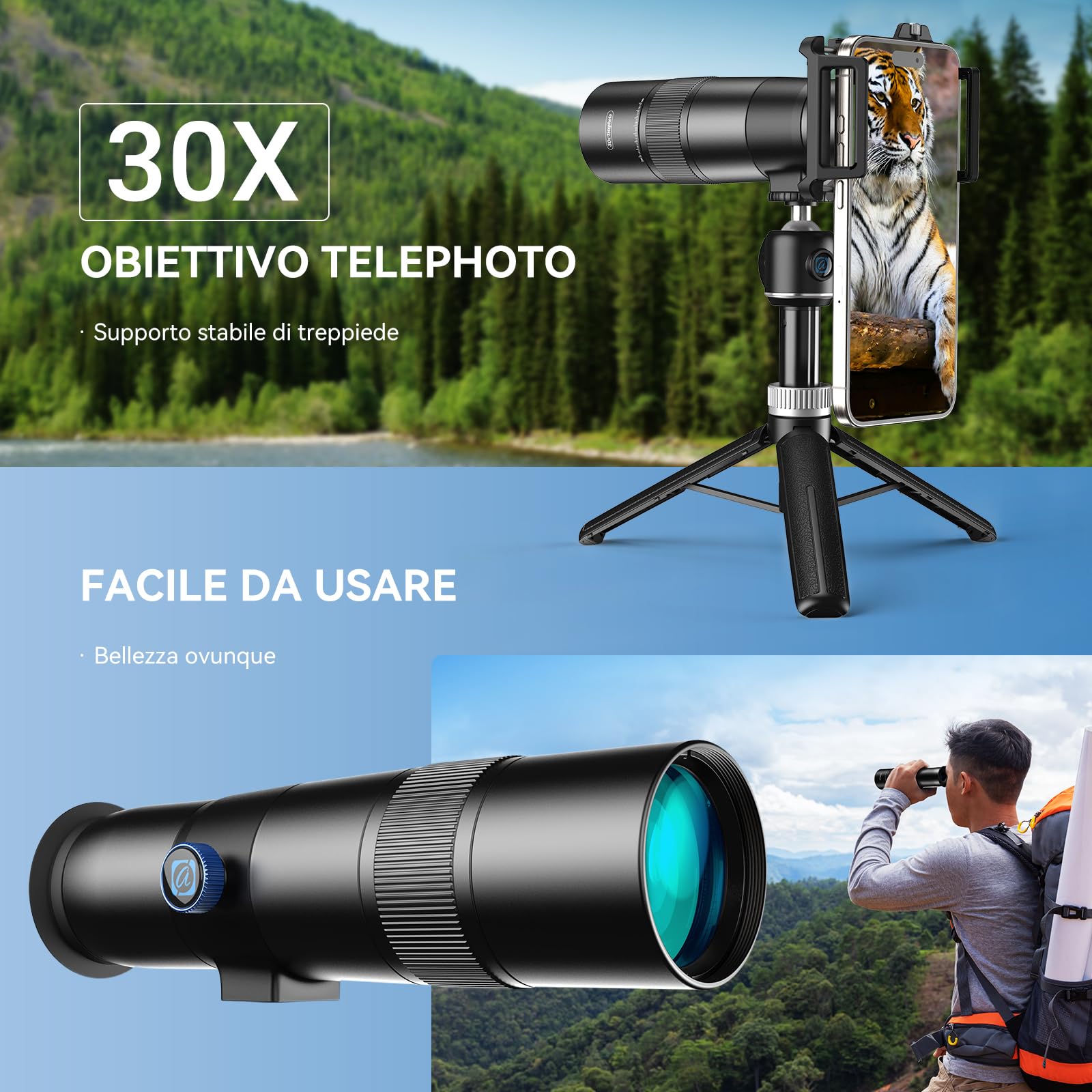 30x teleobiettivo con treppiede, set di obiettivi per cellulare con supporto universale per obiettivo per iPhone e Android