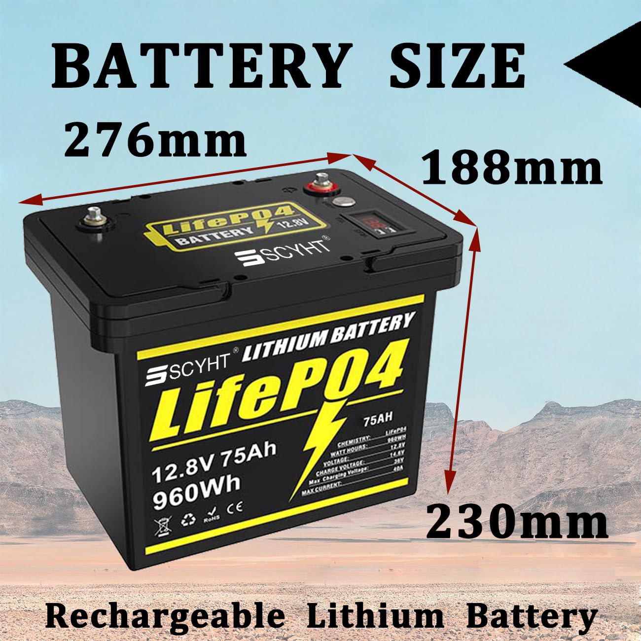 Batería LiFePO4 12,8 V Batería de Litio 75 Ah Baterías de Ciclo Profundo 12,8 V Baterías Repuesto para energía Solar con BMS y Pantalla para Motores 250 W a 1000 W.