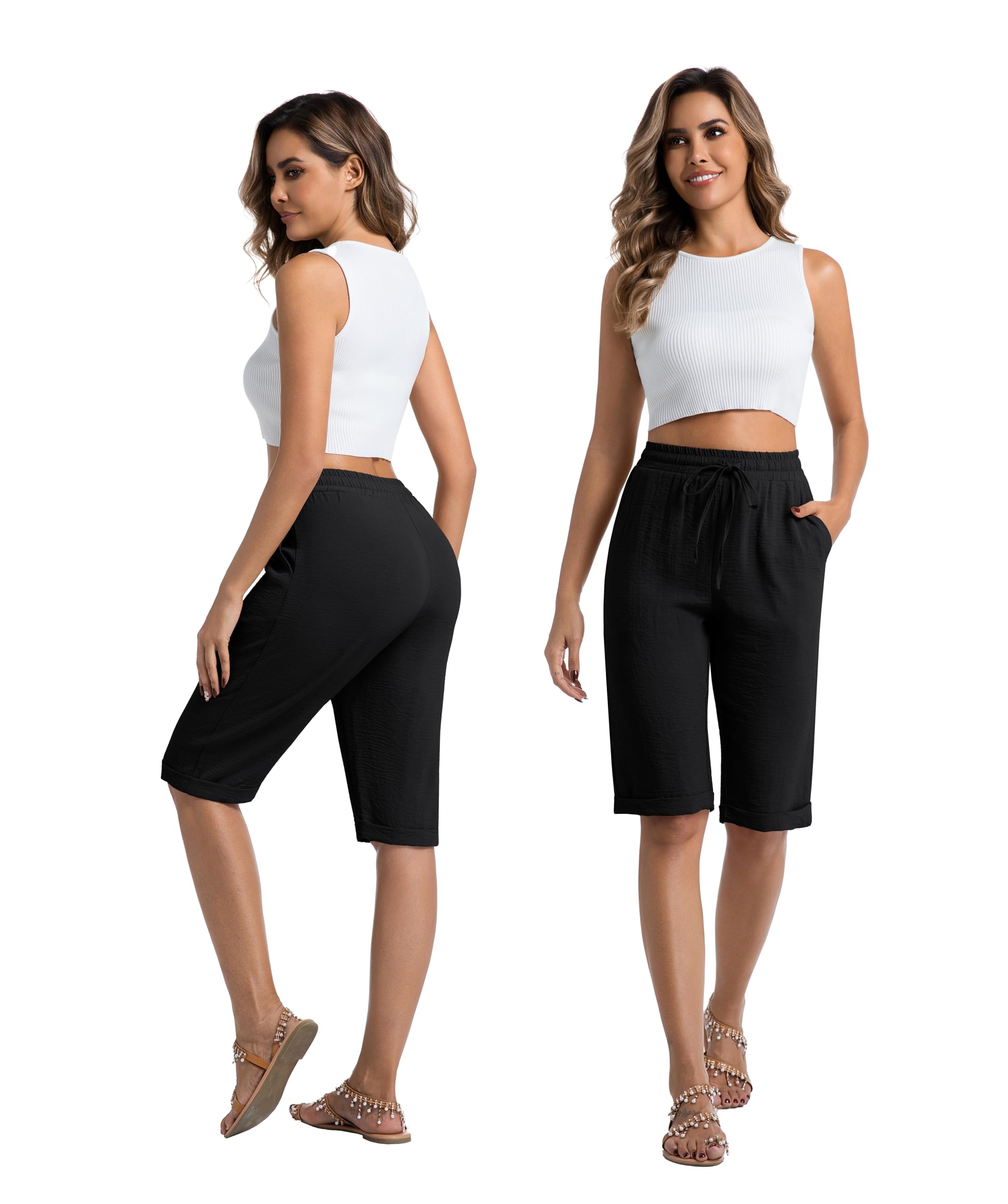 IWOLLENCE Kurze Hose Damen Sommer Knielange Hosen Shorts Sommerhosen Leicht Baggy Strand Mit Kordelzug Mit Taschen Mit festem Umschlag am Saum Mit elastischem Bund
