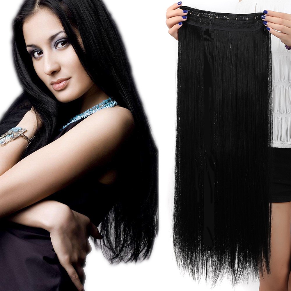 30 Inch Clip In Hair Extensions One Piece Straight Hairpieces Silky 5 Clips For Women Ladies - Dark Black(76cm-130g)