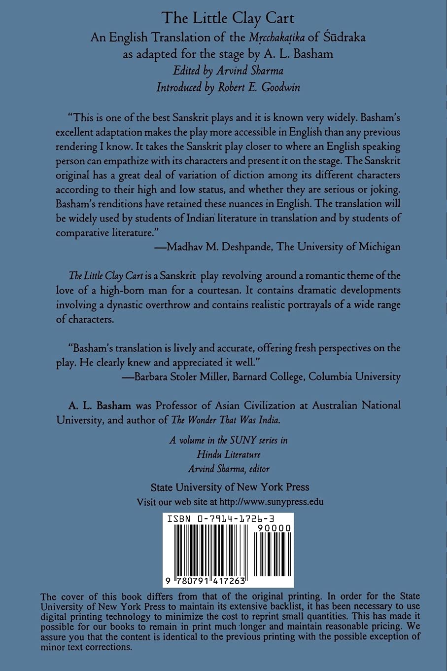 The Little Clay Cart (Suny Series in Hindu Literature): An English Translation of the Mṛcchakaṭika of Śūdraka as adapted for the stage by A.L. Basham