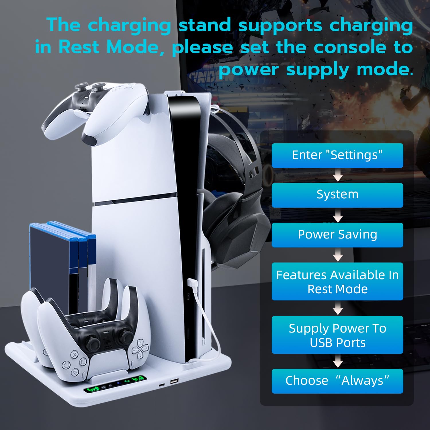 Wigearss Supporto Verticale PS5 Slim Raffreddamento con Doppio Caricatore Controller, Base di Ricarica Joystick PS5 con Ventola Raffreddamento per PS5 Slim Disc/Digital Edition, Non per PS5/PS5 Pro