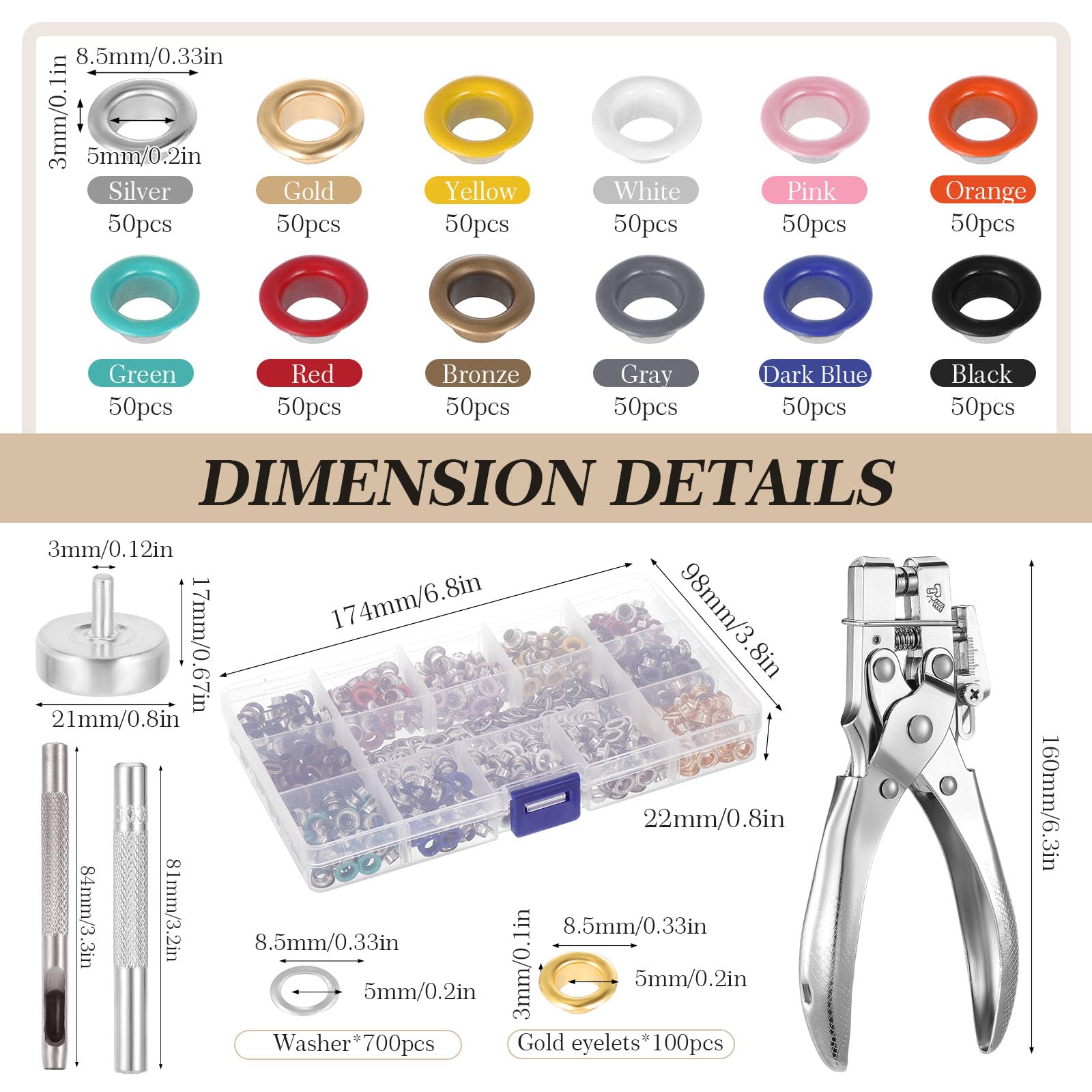 Gueenky Pince à Œillets avec 700 Oeillets Métalliques Ø 5 mm, Pince Perforatrice Oeillet avec 13 Couleurs Œillets pour Bâches Tissus Cuir