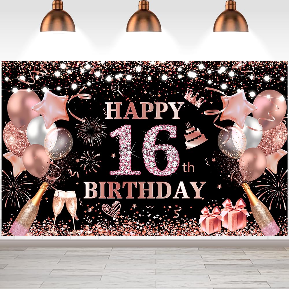 Happy Birthday Backdrop Banner Rose Gold Black Birthday Decorations Girls16th Party Decor Supplies Outdoor Indoor Decoration Rose Gold Sparkling Banner Background Poster Photo Booth Props Supplies