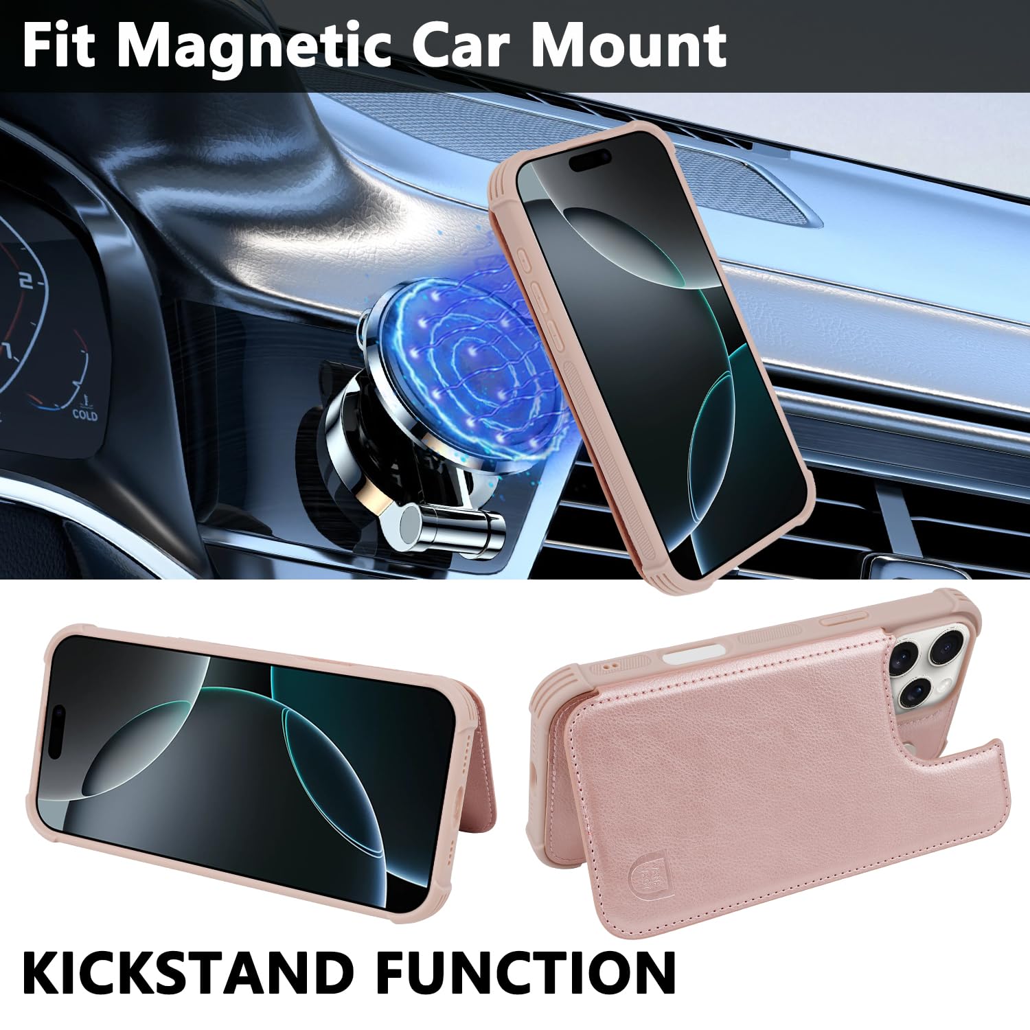 VANAVAGY Compatible for iPhone 16 Pro Max Wallet Casewith Credit Card Holder,Rfid Leather Flip Folio Cover Fits Magnetic Car Mount and Stand with Screen Camera Protector,Rose Gold - Image 4