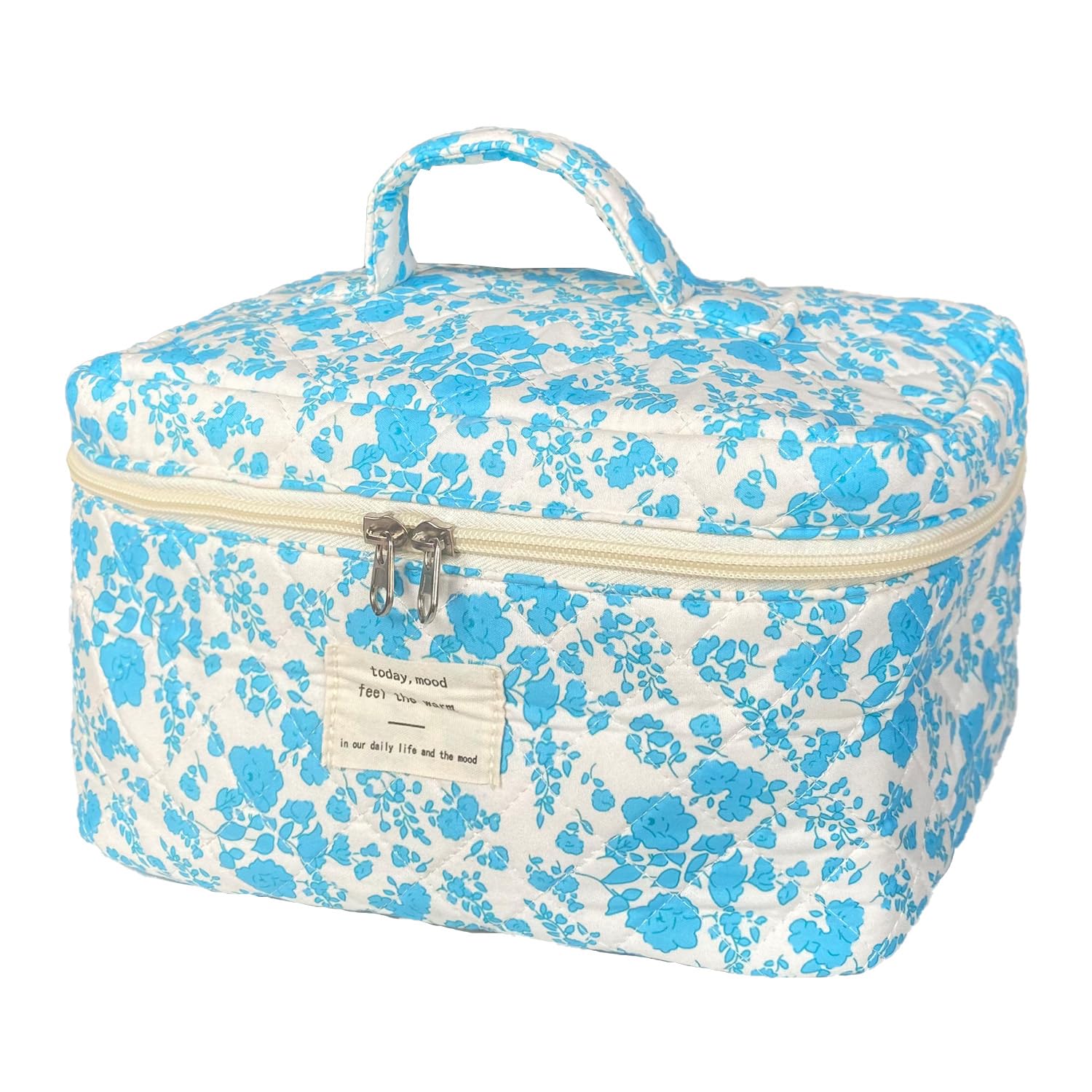 WYJ Lake Blue Large Quilted Floral Makeup Bag Cute Soft Coquette Aesthetic Cosmetic Bag Cotton Travel Toiletry Bag for Women