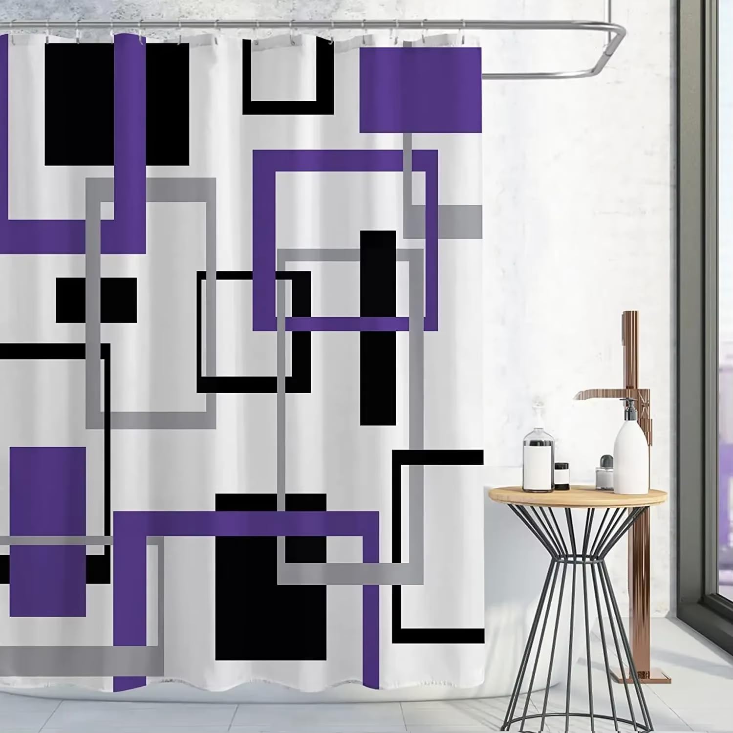 KELAIMI Mid-Century Modern Abstract Geometric Shower Curtain - Modern Simple Waterproof Bathroom Curtain - Quick-Drying Polyester Bathtub Curtain with Hooks Purple 200X200Cm