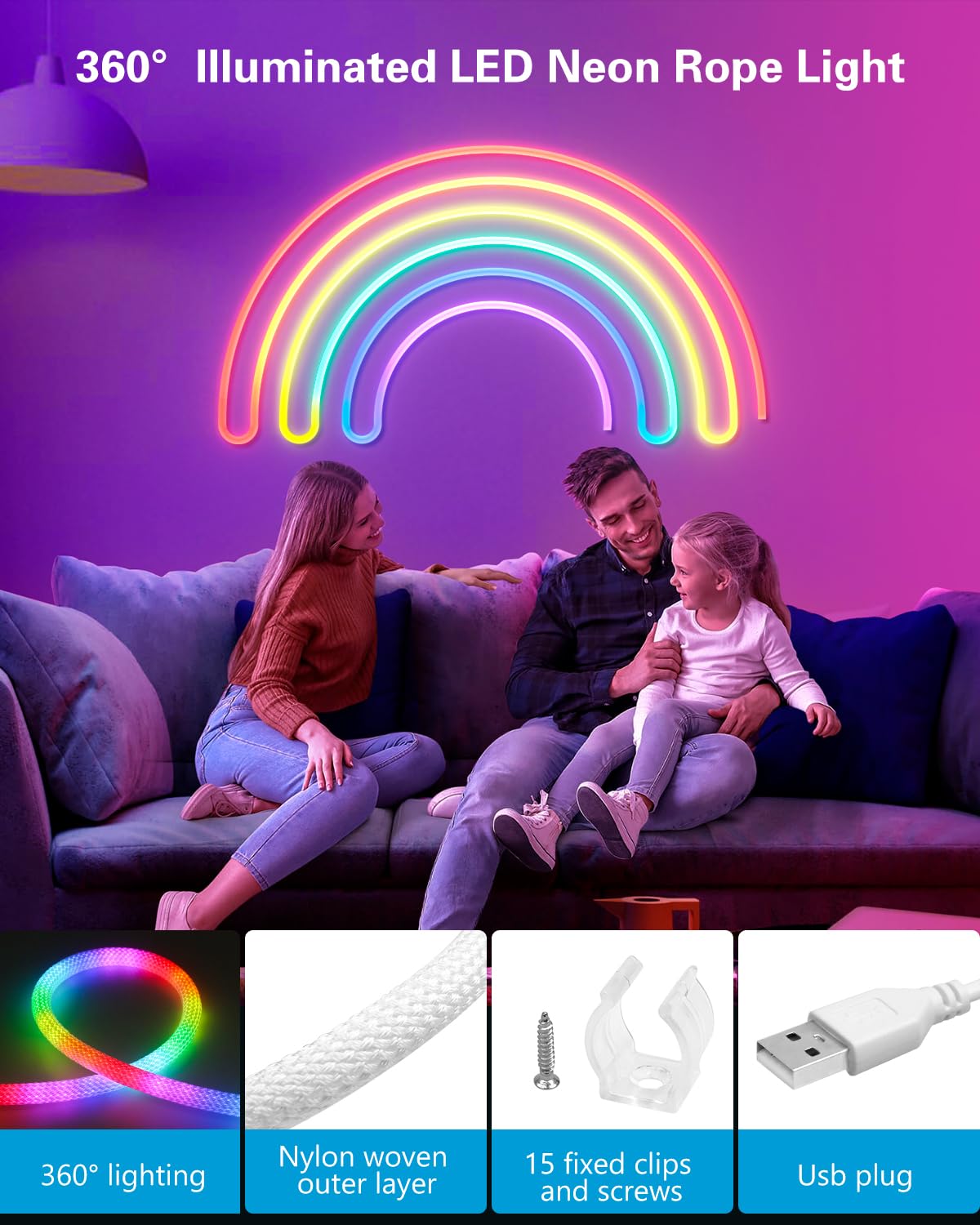 ALITOVE WS2811 RGB IC Neon LED Streife 5M 360° Leuchtende Runde Retikulierte USB Neon Light IP67 APP Steuerbar Musik Sync IR Dimmer für Schlafzimmer Zuhause DIY-Beleuchtung