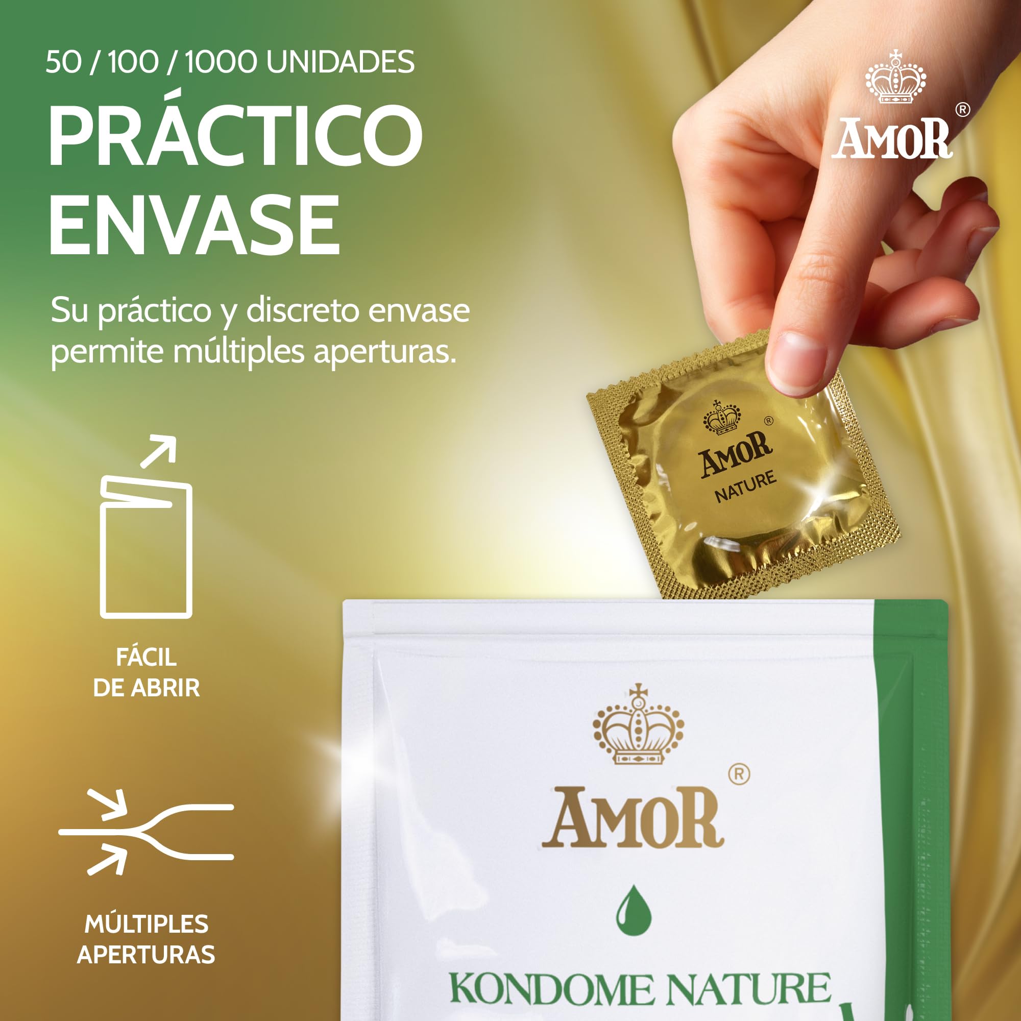 AMOR NATURE Ø 64 mm 100 Preservativos Premium, colocación perfecta y tamaño adecuado para todos, transparente