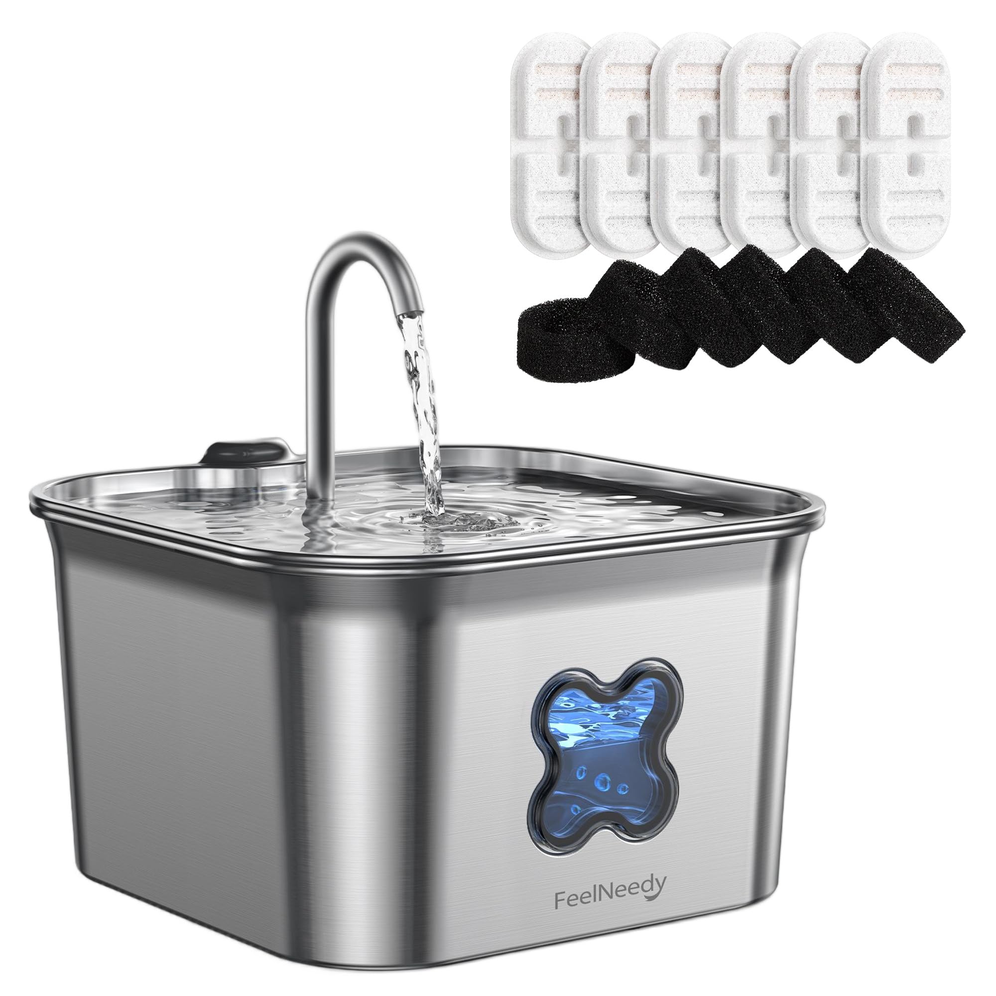 FEELNEEDY Fontaine a Eau Chat INOX 2,8L avec 6 Packs de Filtres et 6 Packs d'Éponges de Remplacement