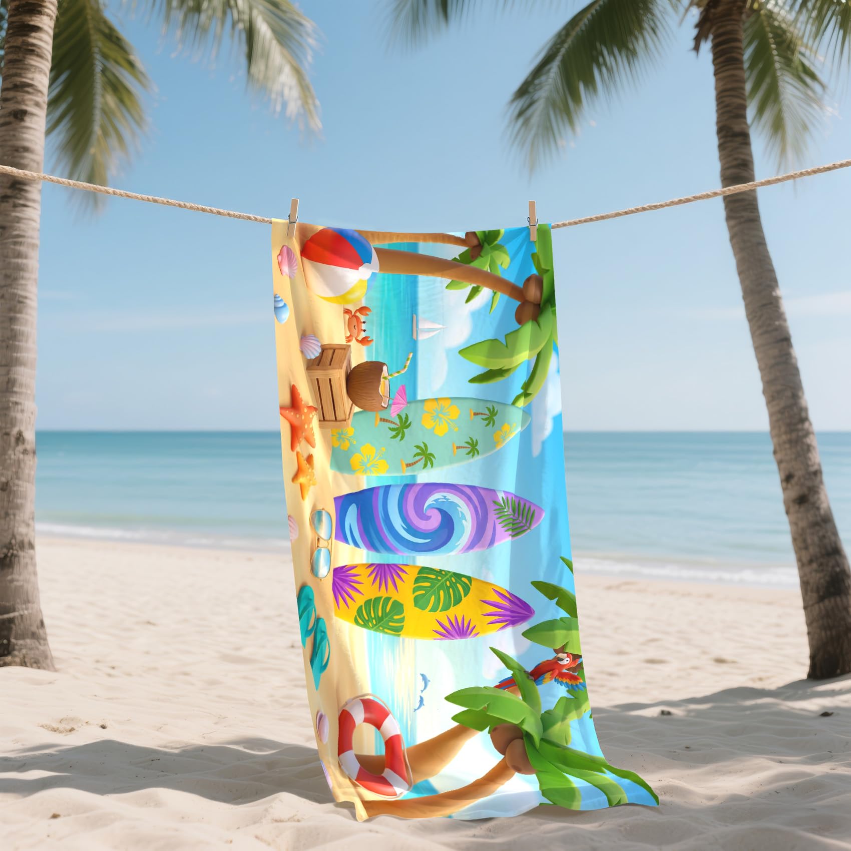Serviette de Plage XXL Microfibre Planche de Surf Thème Plage Tropicale, Drap de Plage Séchage Rapide Anti Sable & Légère, Serviette de Bain Grande Taille 200x200 cm