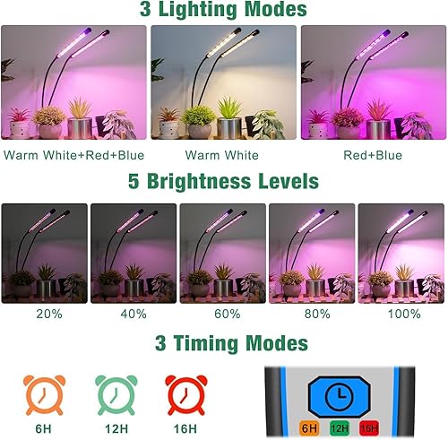 Miniatura 3 de Garpsen Luces de cultivo para plantas de interior, 2 luces LED de espectro completo de 2 cabezales para inicio de semillas, 80 luces LED de cultivo