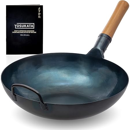 YOSUKATA Flat Bottom Wok Pan - 13.5" Blue Carbon Steel Wok - Preseasoned Carbon Steel Skillet - Traditional Japanese Cookware - Carbon Steel Pan for Electric Induction Cooktops Woks and Stir Fry Pans