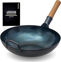YOSUKATA Flat Bottom Wok Pan - 34 cm/13.5" Blue Carbon Steel Wok- Preseasoned Carbon Steel Skillet - Traditional Japanese Cookware- Carbon Steel Pan for Electric Induction Cooktops Woks/Stir Fry Pans