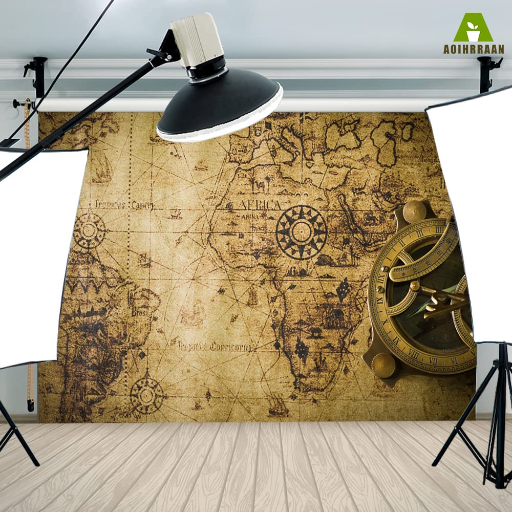 Aoihrraan 3x2m Antiguo Mundo Mapa Fondo Vintage Brújula Mundo Viajes Náutico Tema Fotografía Fondo Sala de Estar Habitación Papel Tapiz Película Brotes Personal Nostalgia Retrato Foto Accesorios