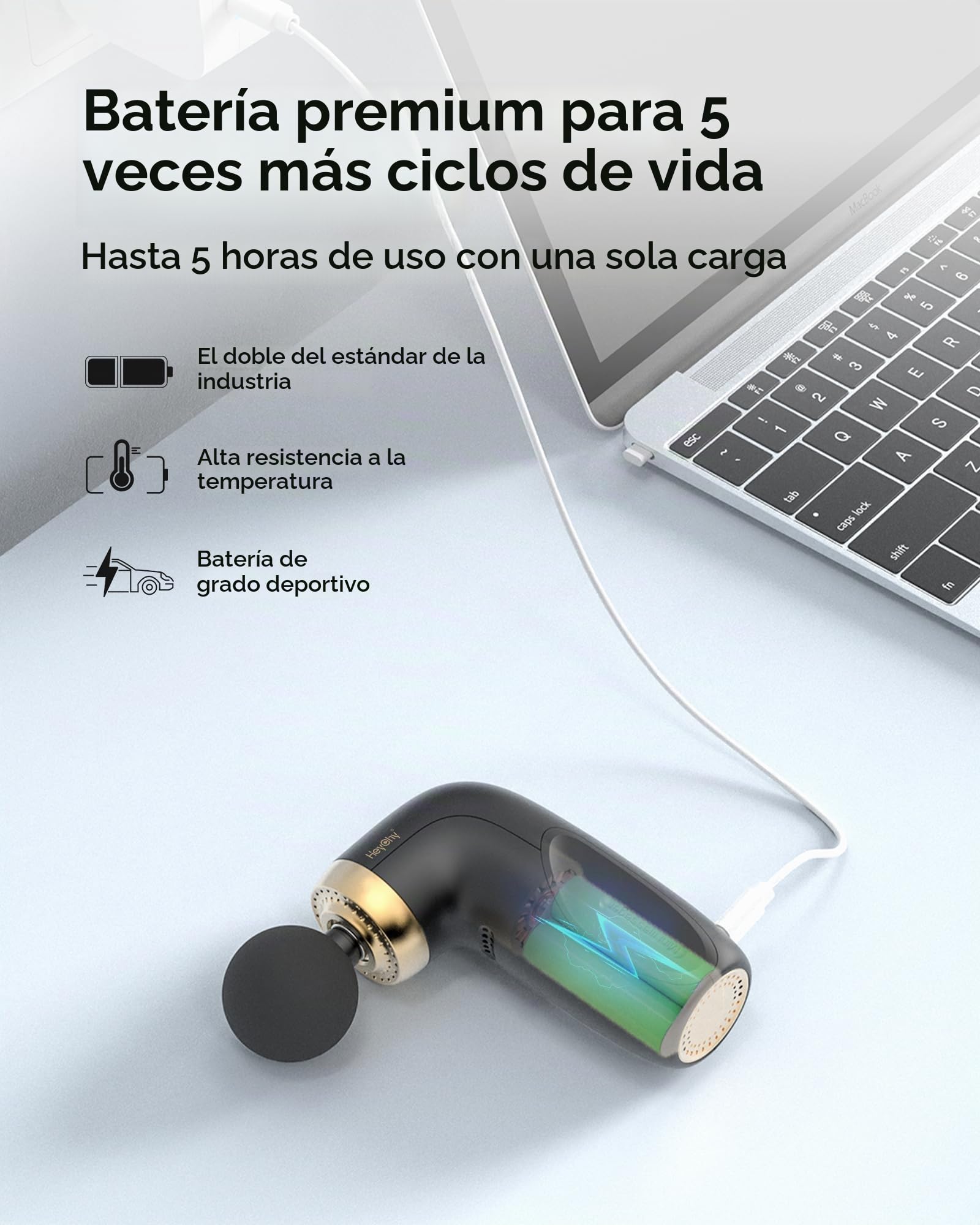HEYCHY A1 Super Mini - Pistola de masaje (0,27 kg, 4 cabezales de silicona), color negro | Pistola de masaje de tejido profundo con 7 mm de amplitud, hasta 3000 rpm, USB-C y batería, para deportes, oficina y viajes