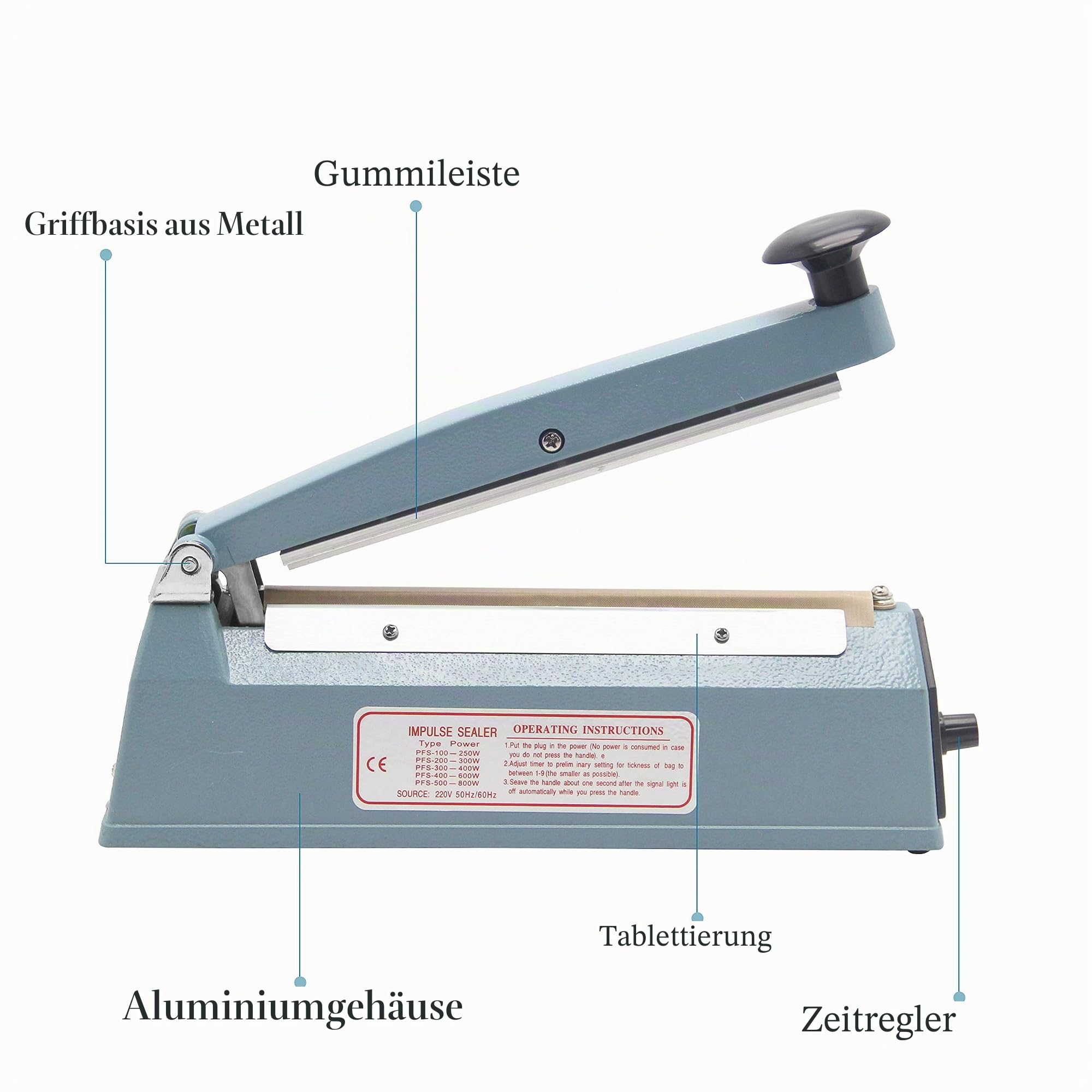 Hanchen Heißsiegelmaschine 200mm (7,8 Zoll) Impuls Schweißgerät Tragbare Folienschweißgerät Handdruckende Verpackungsgerät für PP/PE/PVC/Mylar/Kraft Papier