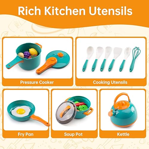 Miniatura 5 de Juego de 60 piezas de mini accesorios de cocina para niños, juego de cocina con utensilios de cocina, vajilla y frutas y barbacoa, regalo de