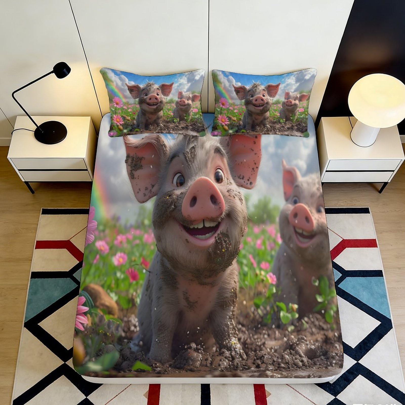 Uynsixtme Style-3 3D Printed Pastoral Pig Fitted Sheet Microfiber Deep Pocket Non-Slip Bedroom Pastoral Pig Mattress Fitted Cover Washable For Adults Teens 200X200x25cm