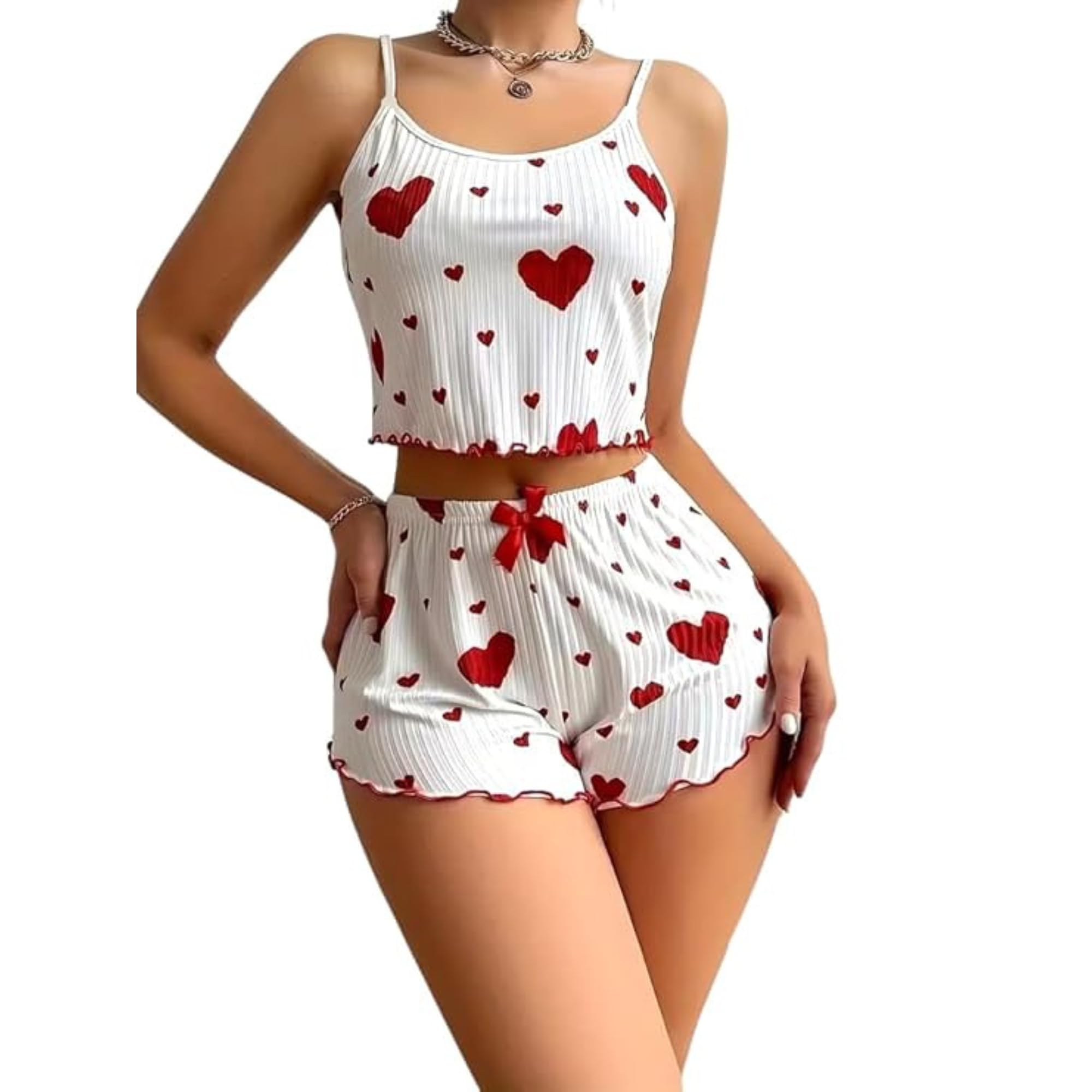 FigureFlex Women Cotton Night Suit Set | Printed Sleeveless Crop Top & Shorts Set | Soft Comfortable Sleepwear | Cute Heart/Butterfly Design Nightwear for Girls & Women Red-picture-54