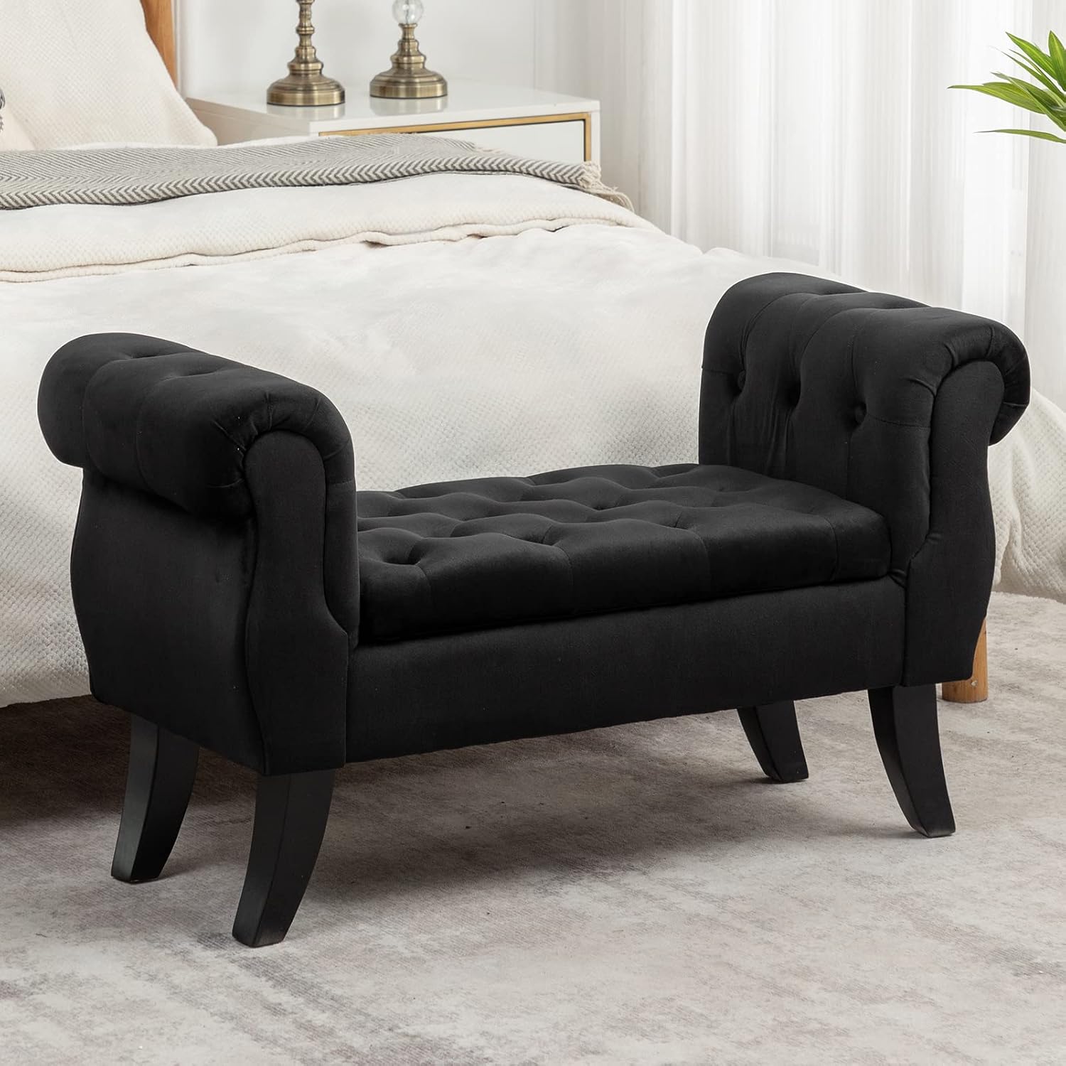Mid-Century Storage Ottoman Bench With Rolled Arms - Velvet Upholstered, Tufted, For Bedroom Or Living Room
