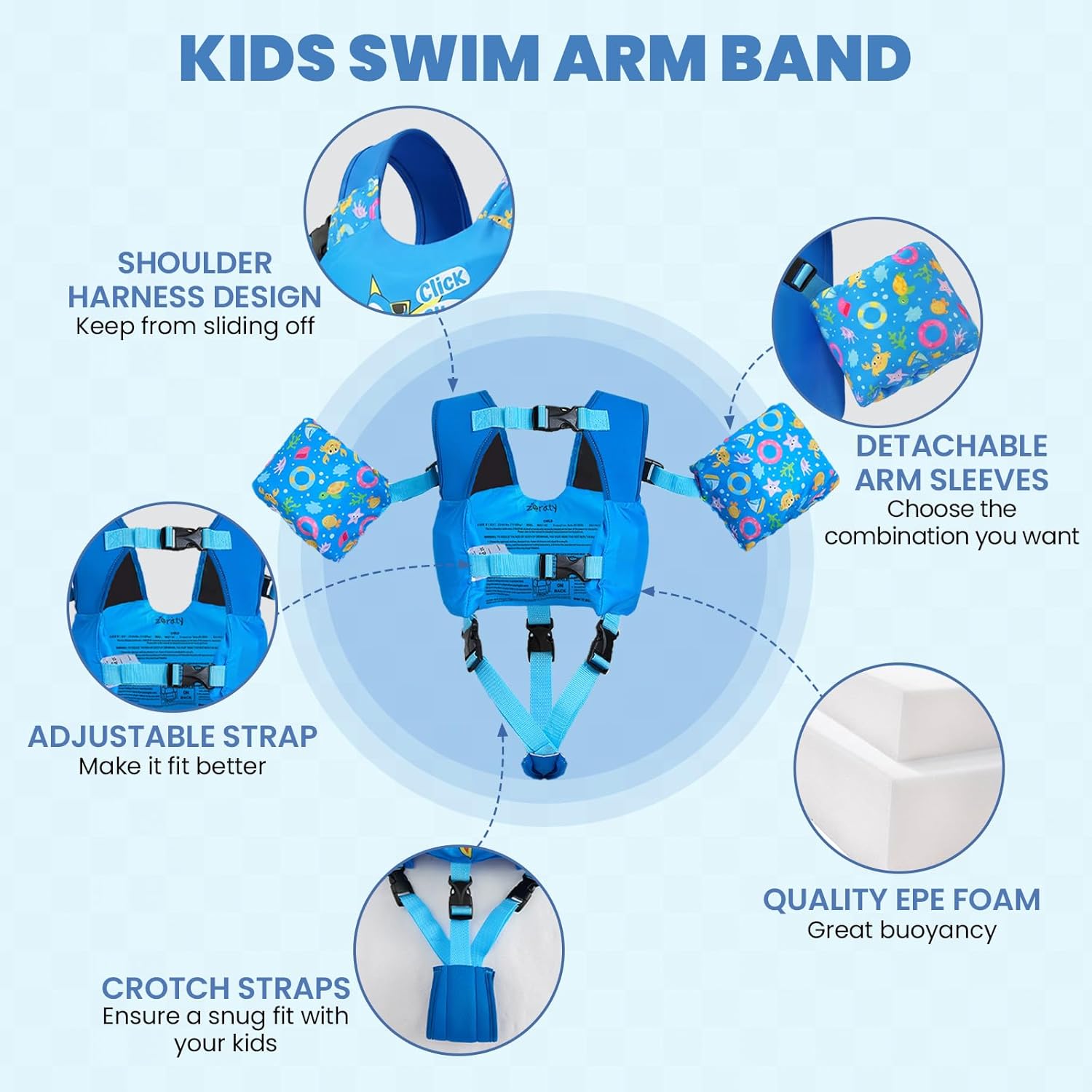 Zeraty Toddler Kids 3-in-1 Swim Vest Pool Floaties for 30,40,50,60,70 lbs Boys and Girls Ages 2,3,4,5,6,7,8 - Swimming Training Jacket with Adjustable Crotch Strap & Detachable Arm Bands Learn to Swim