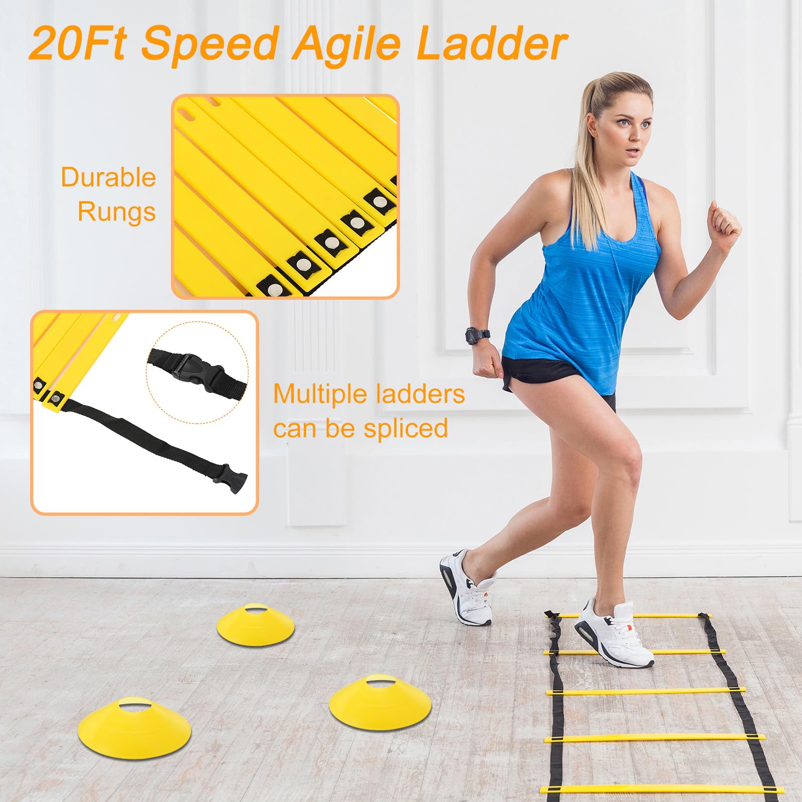 PATIKIL Agilidad Escalera Velocidad Entrenamiento Equipo Incluye 20 pies Agilidad Escalera, 12 Fútbol Conos, Resistencia Paracaídas, 4 Obstáculos Ajustables para Fútbol, Amarillo