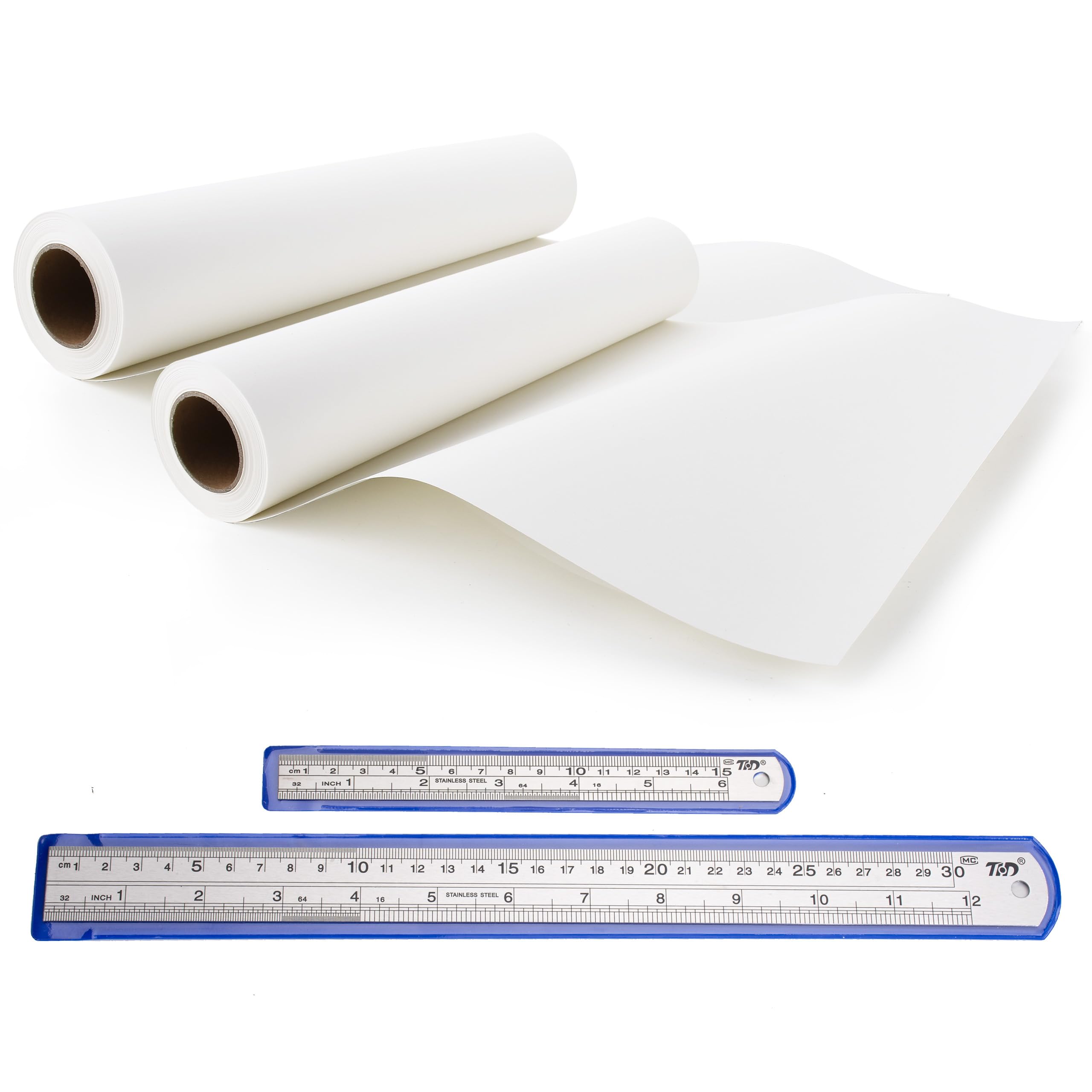 2PCs 38cm Wide*25M Long White Drawing Paper Roll and Stainless Steel Ruler Set- Roll of Paper for Painting, Sketching, Easel, Bulletin Board, Wall Art, Gift Wrap (38CM X 25M)