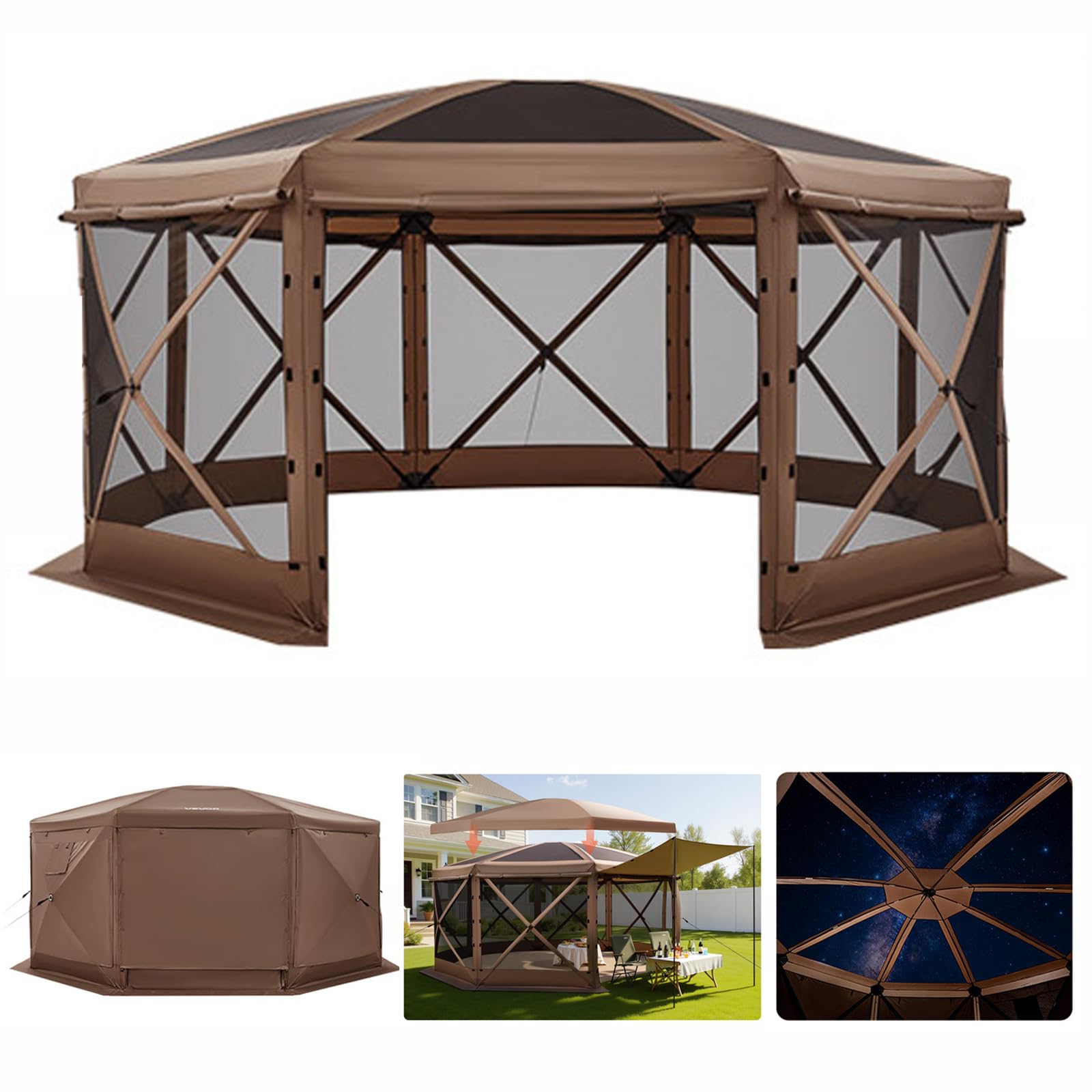 Photo 1 of VEVOR Pop up Gazebo Screen Tent, 15 x 15 ft Large 8-Sided Camping Canopy Tent with Removable Top & Carry Bag, Quick-Set & Bite-Proof, Screen House Sun Shelter for 12-15 Persons Backyard Patio, Brown