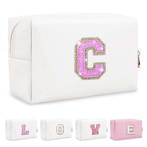 Miniatura 372 de Bolsa de maquillaje personalizada con inicial A-Z Preppy Patch, pequeña bolsa de cosméticos de PU con letra de chenilla y cierre para niñas Negro
