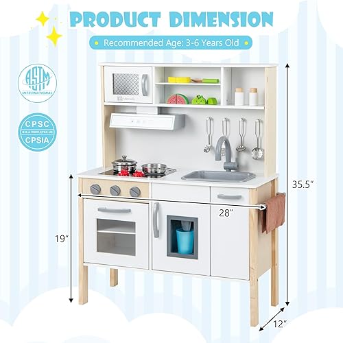 Vista 7 de Costzon Juego de Cocina para Niños, Set de Juguete de Cocina de Madera de Simulación para Niños Pequeños con Sonido, Microondas, Horno, Máquina