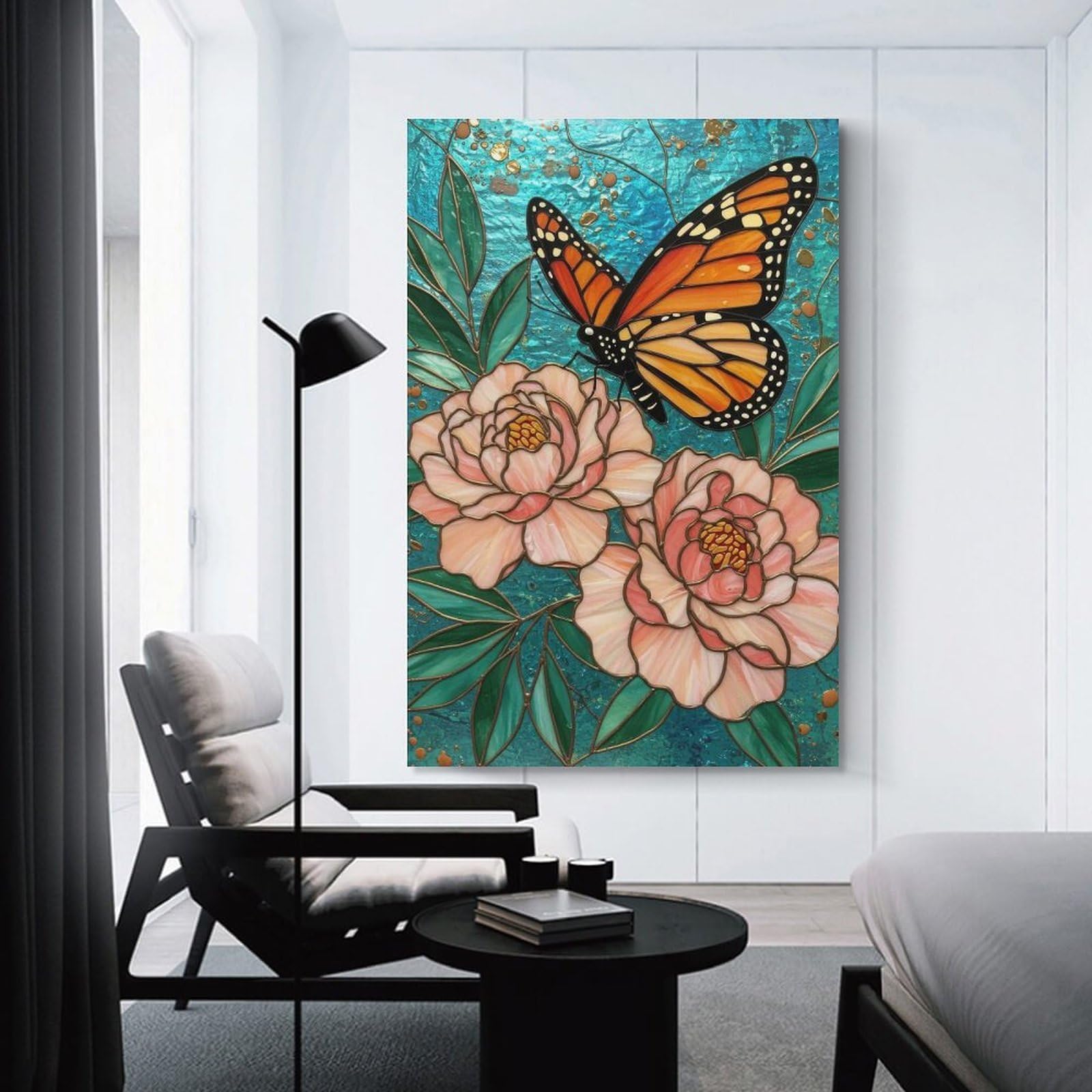 Junmoney Butterfly Stained Glass Wall Picture Print 24x36inch(60x90cm), for Bedroom Decor, Cosy Corners Or Studios, Home Artwork with A Soft Interior Feel
