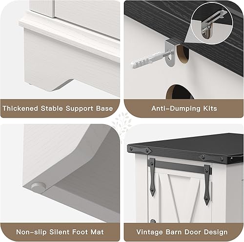 Miniatura 6 de EnHomee Mesita de noche con estación de carga, mesas auxiliares de granja de 25 pulgadas con puerta de granero, mesa auxiliar grande de madera para