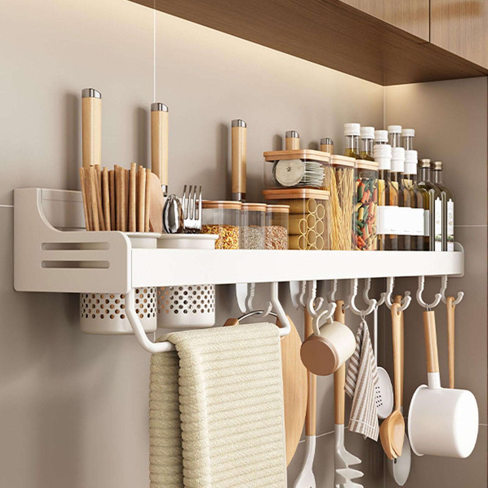 GLJTUO Wall-Mounted Spice Rack - Metal Hanging for Kitchen Spices, Seasoning Holder with Towel Holder, Knife Storage, Hooks & Utensil (White 80Cm),White-80Cm