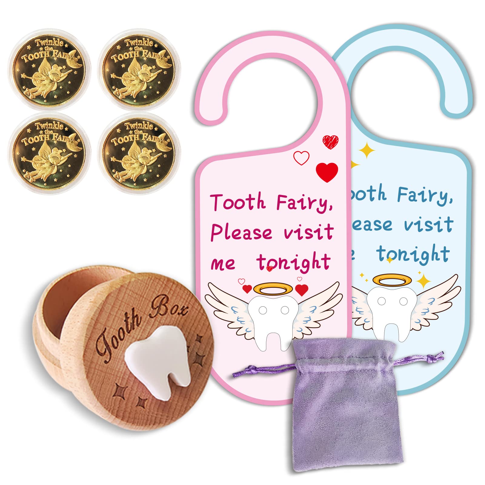 Tooth Fairy Set Wooden Tooth Keepsake Storage Box, Gold Coins and Tooth Fairy Door Hanger Bag Under Pillow Pouch, Gift for Collection Experience for Lost Teeth Boy or Girl