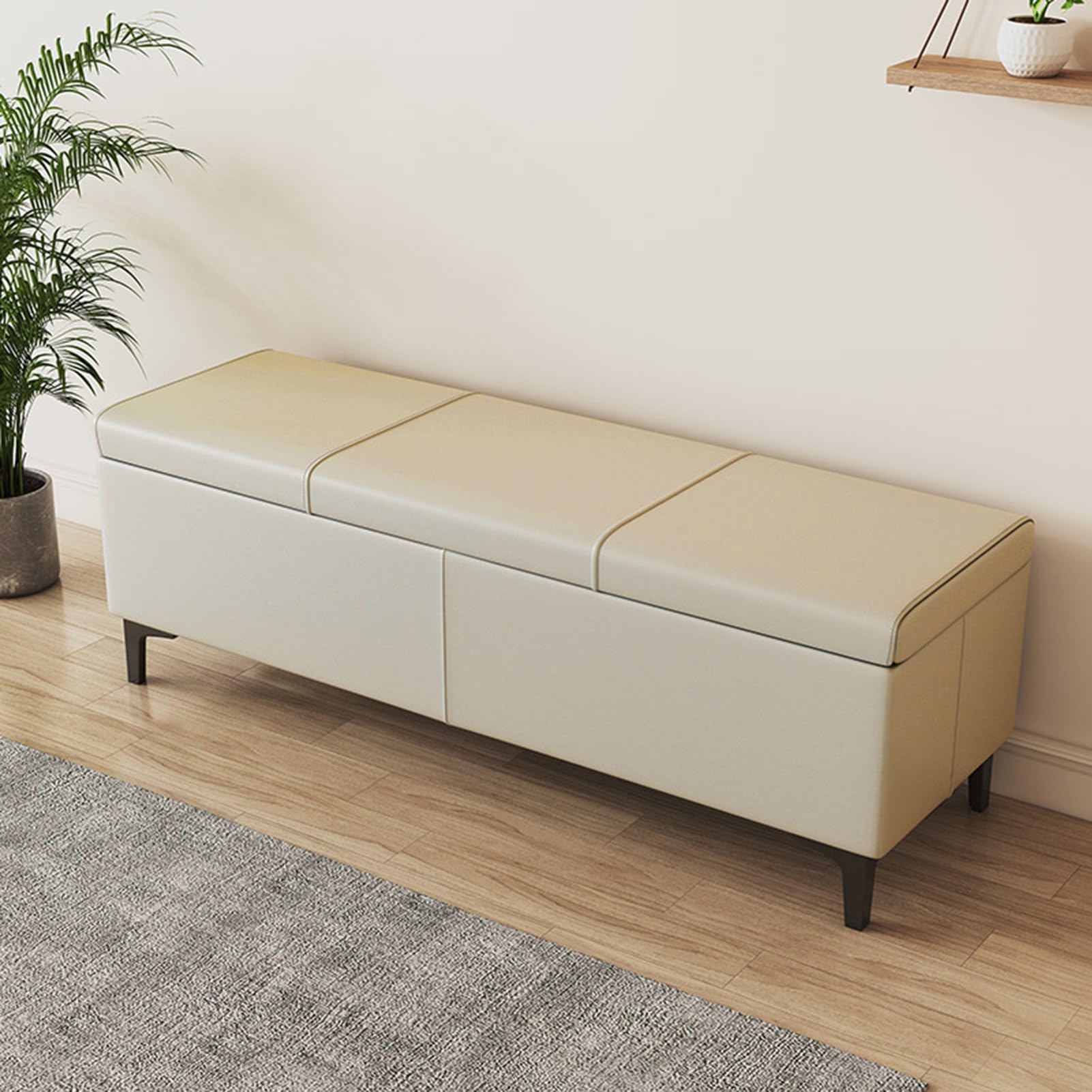 Synthetic Leather Bedroom Bench, Modern Upholstered Ottoman, Shoe Changing Bench for Entryway, Storage Bench with Padded Seat & Metal Legs for Bedroom